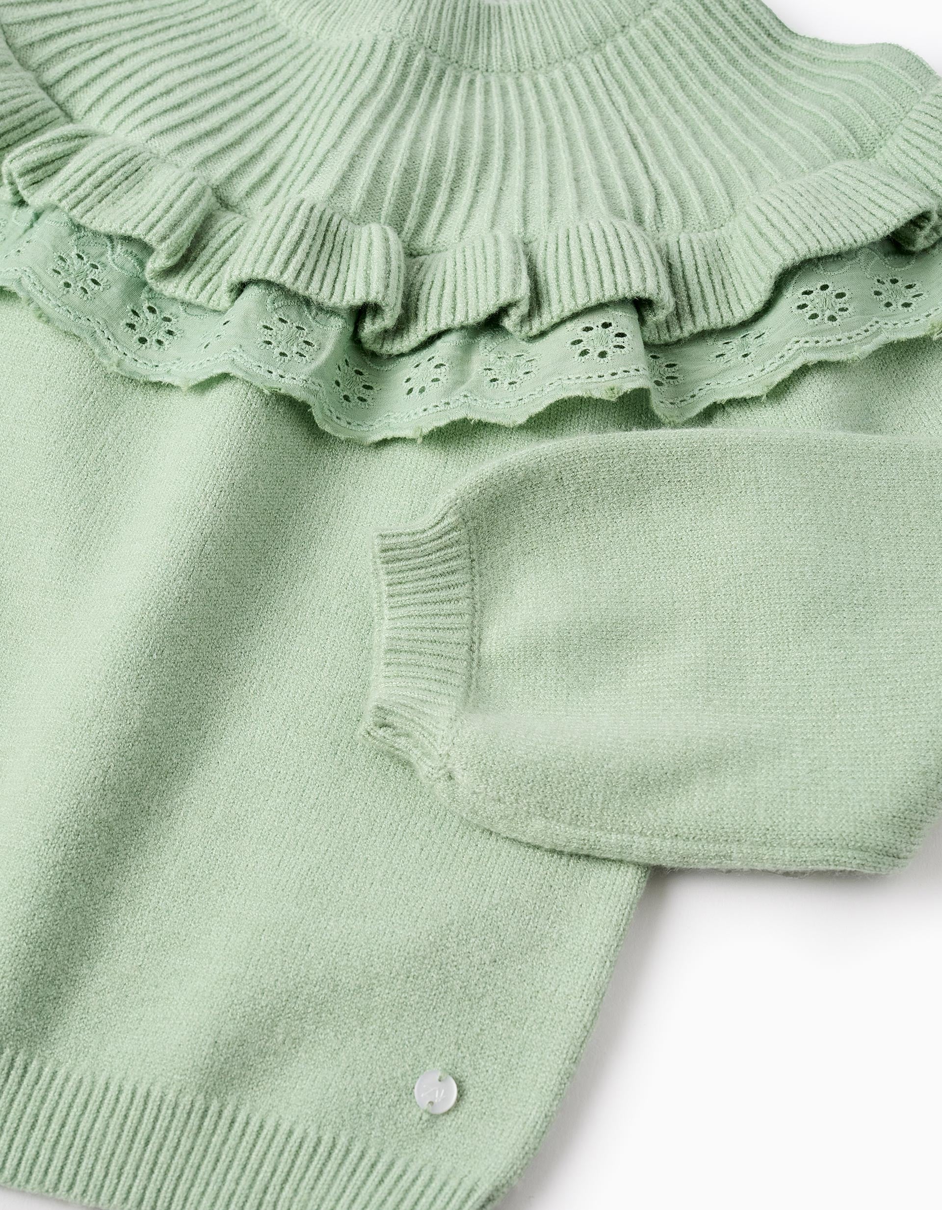 Jersey de Punto con Volantes y Bordado Inglés para Niña, Verde