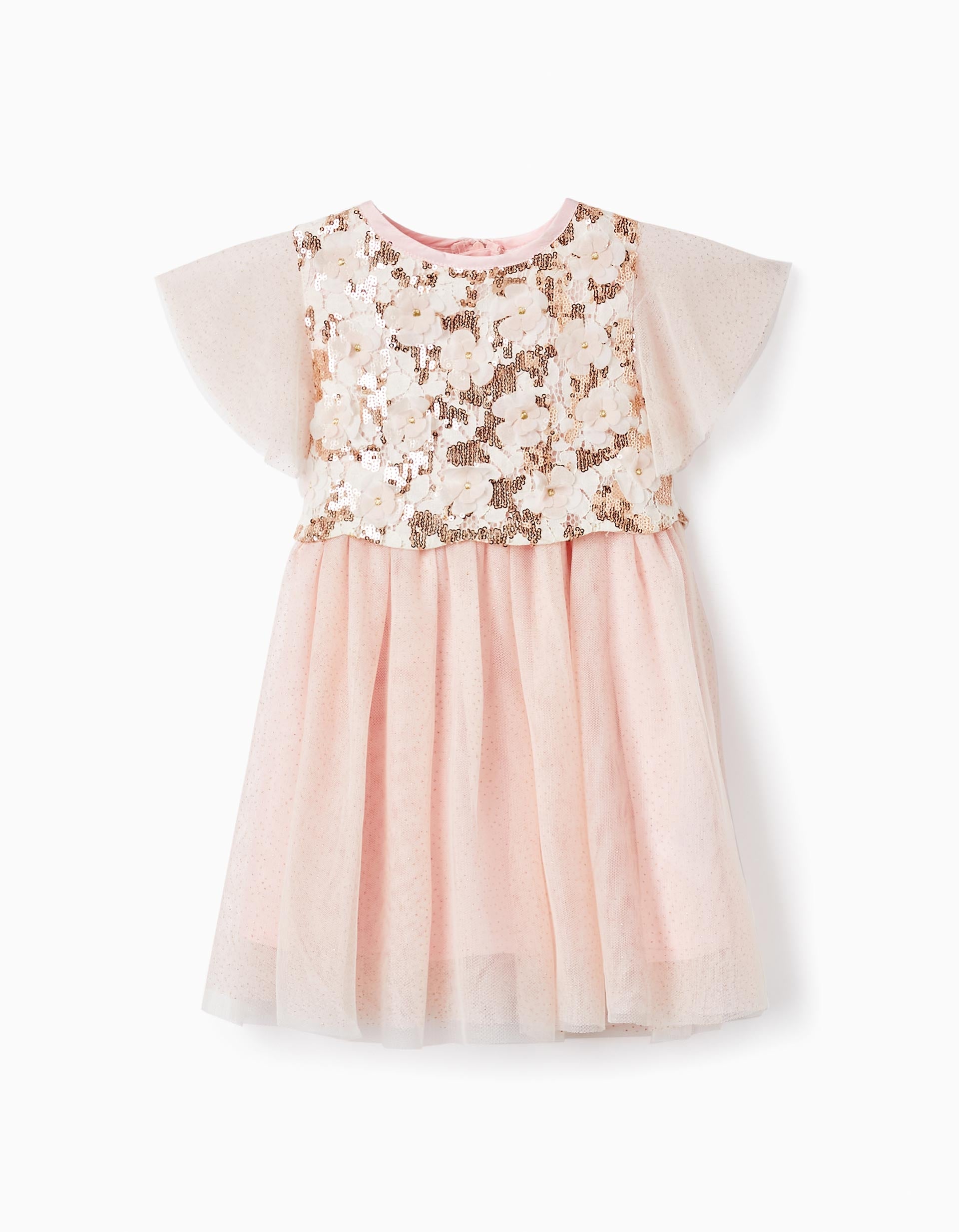 Vestido em Tule com Flores, Pupurinas e Lantejoulas para Menina, Rosa