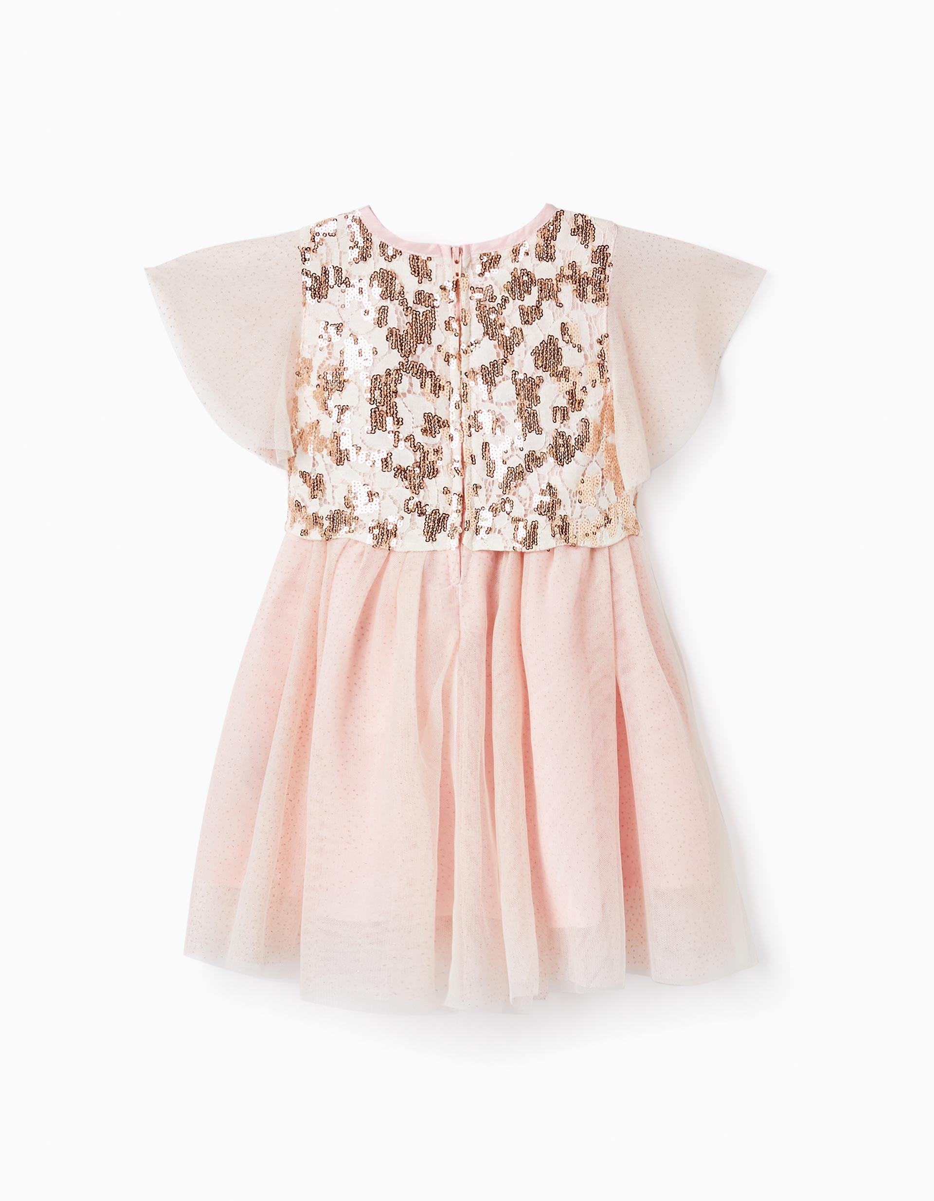 Vestido em Tule com Flores, Pupurinas e Lantejoulas para Menina, Rosa