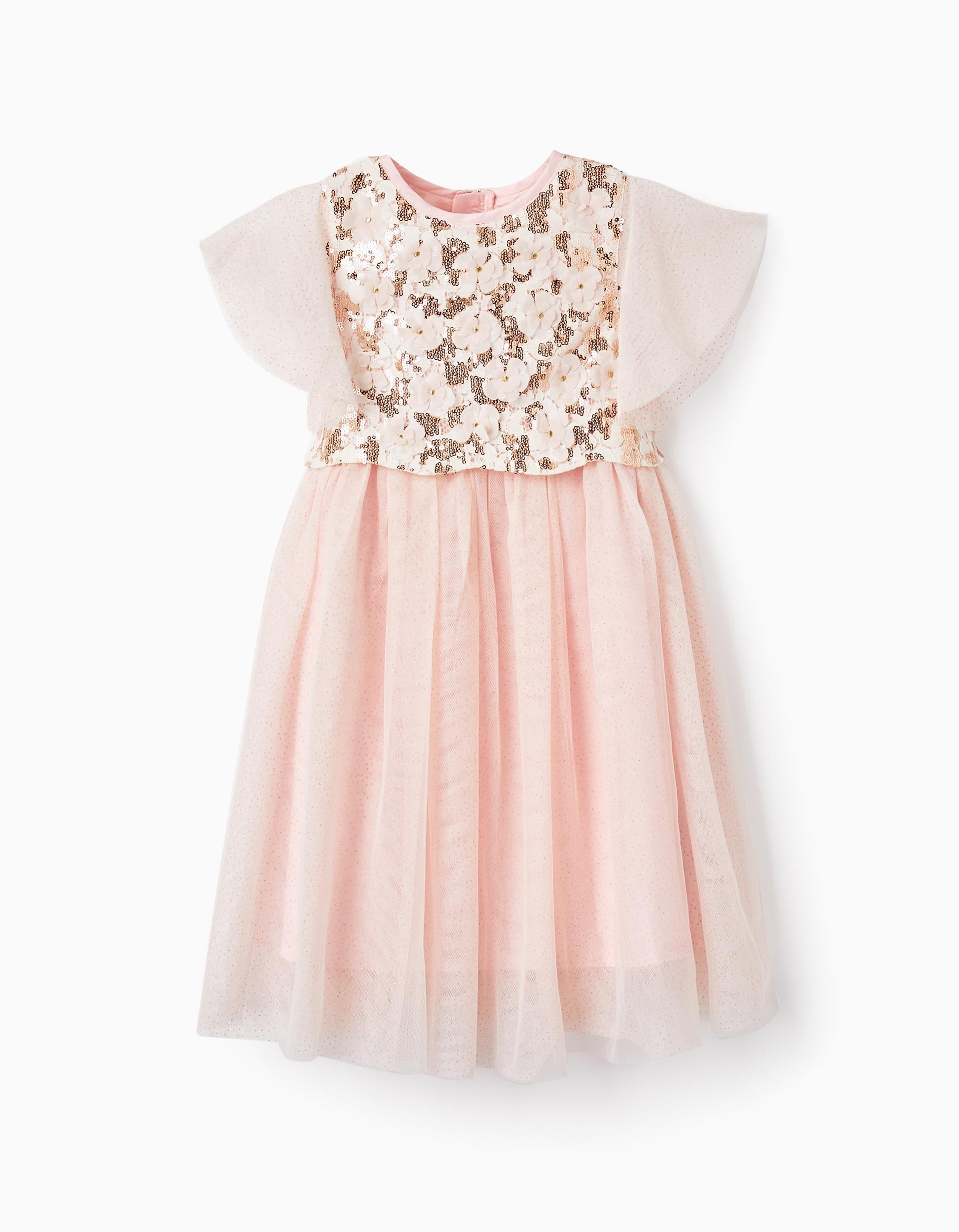 Vestido em Tule com Flores, Pupurinas e Lantejoulas para Bebé Menina, Rosa