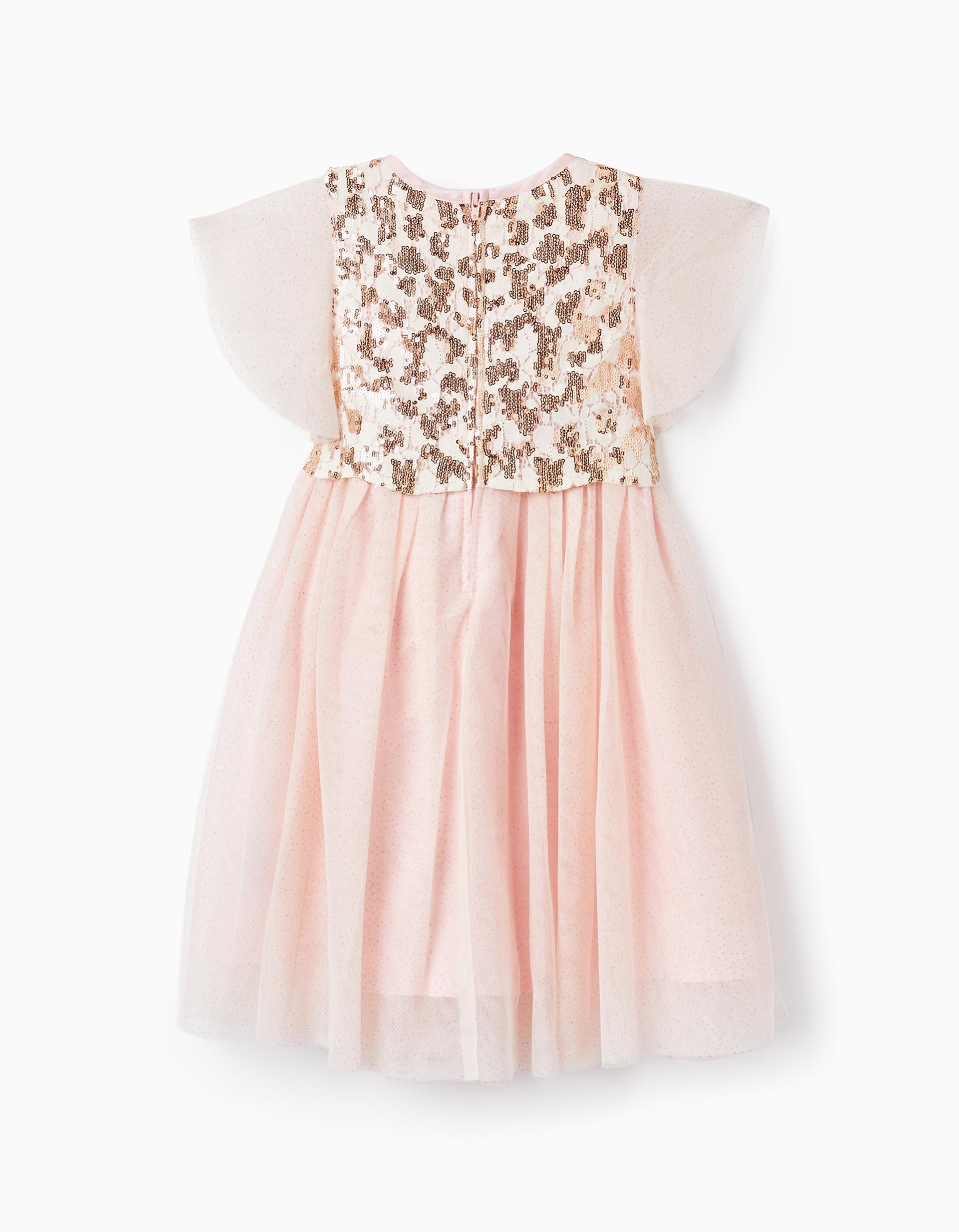 Vestido em Tule com Flores, Pupurinas e Lantejoulas para Bebé Menina, Rosa