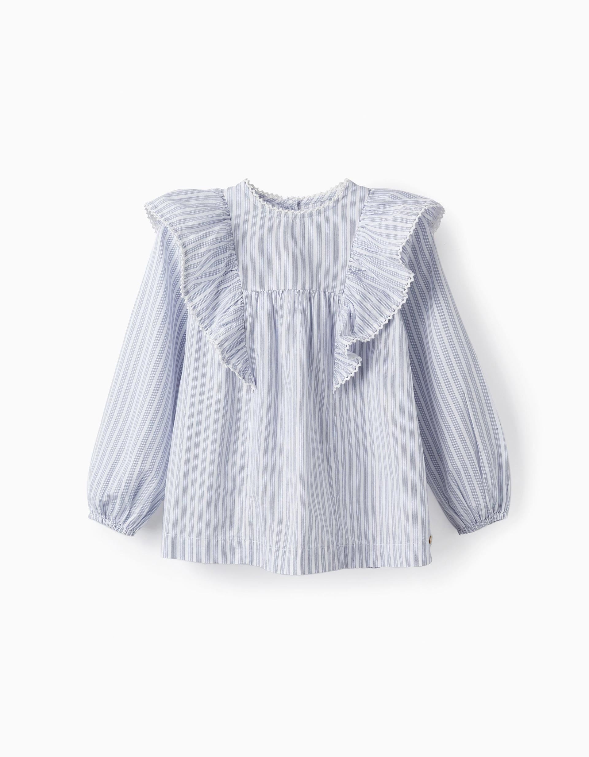 Camisa de Algodão com Folhos para Menina, Branco/Azul