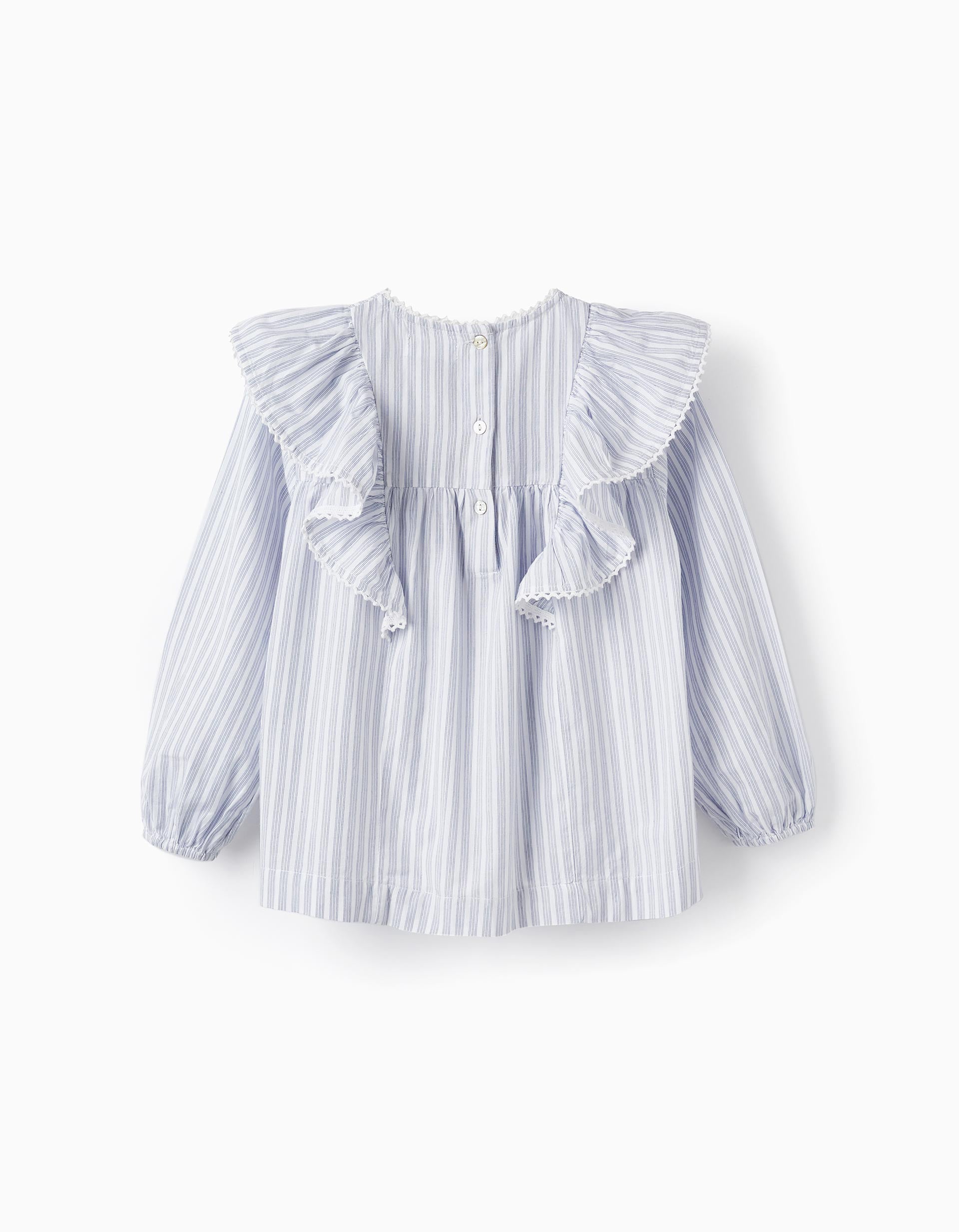 Camisa de Algodão com Folhos para Menina, Branco/Azul