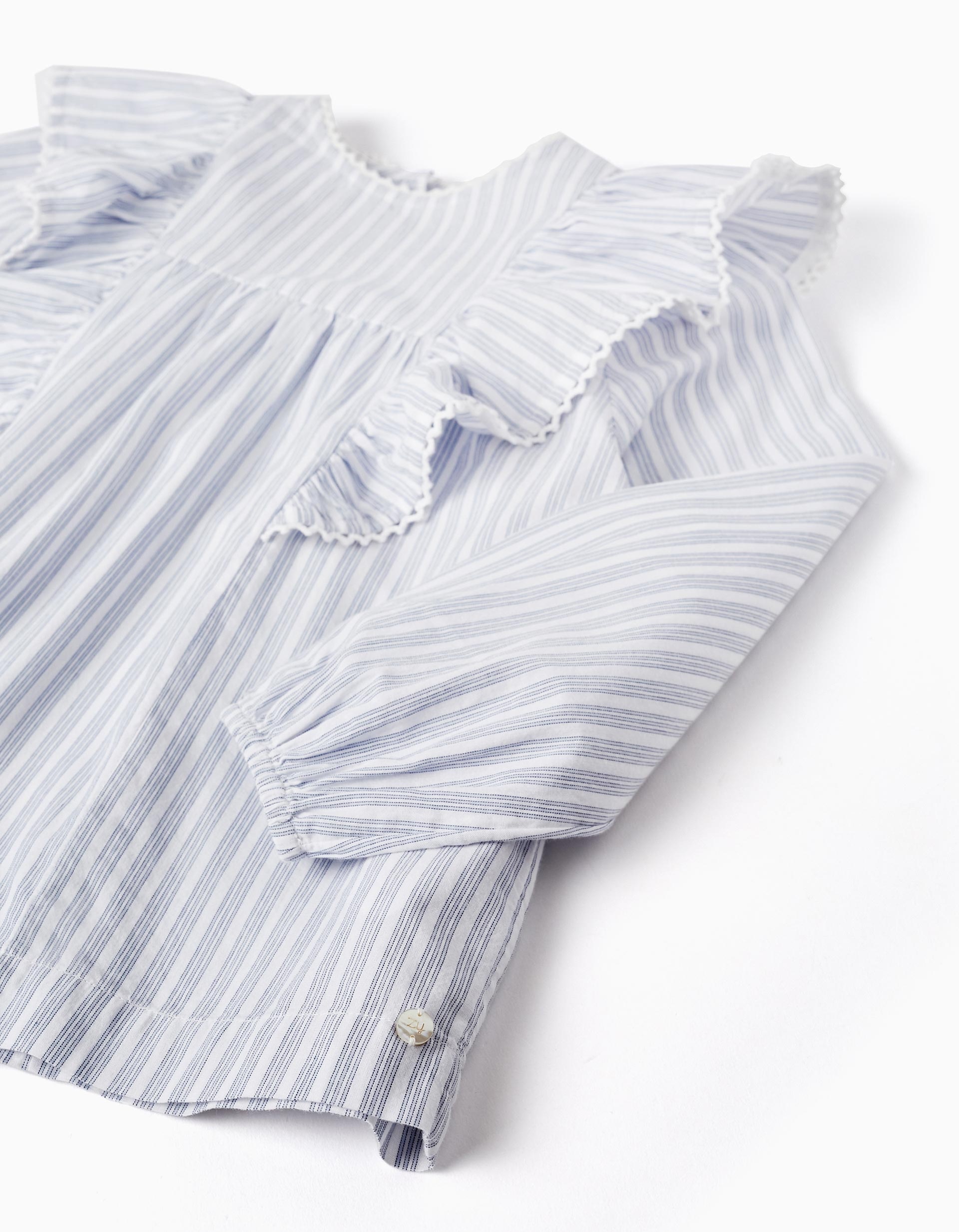 Chemise en coton à volants pour fille, Blanc/Bleu