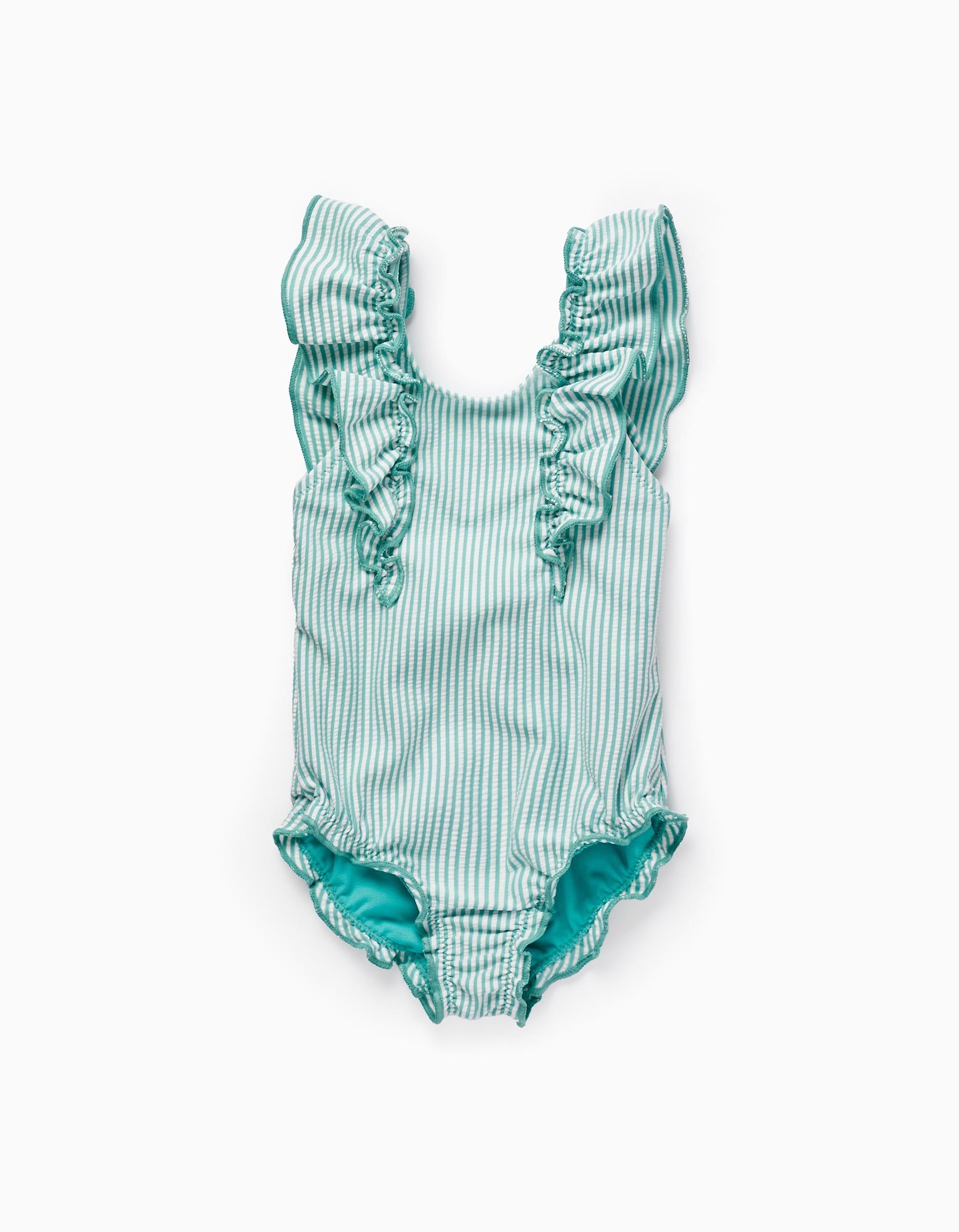 Fato de Banho às Riscas e Com Folhos para Bebé Menina, Verde/Branco
