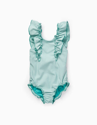Fato de Banho às Riscas e Com Folhos para Bebé Menina, Verde/Branco