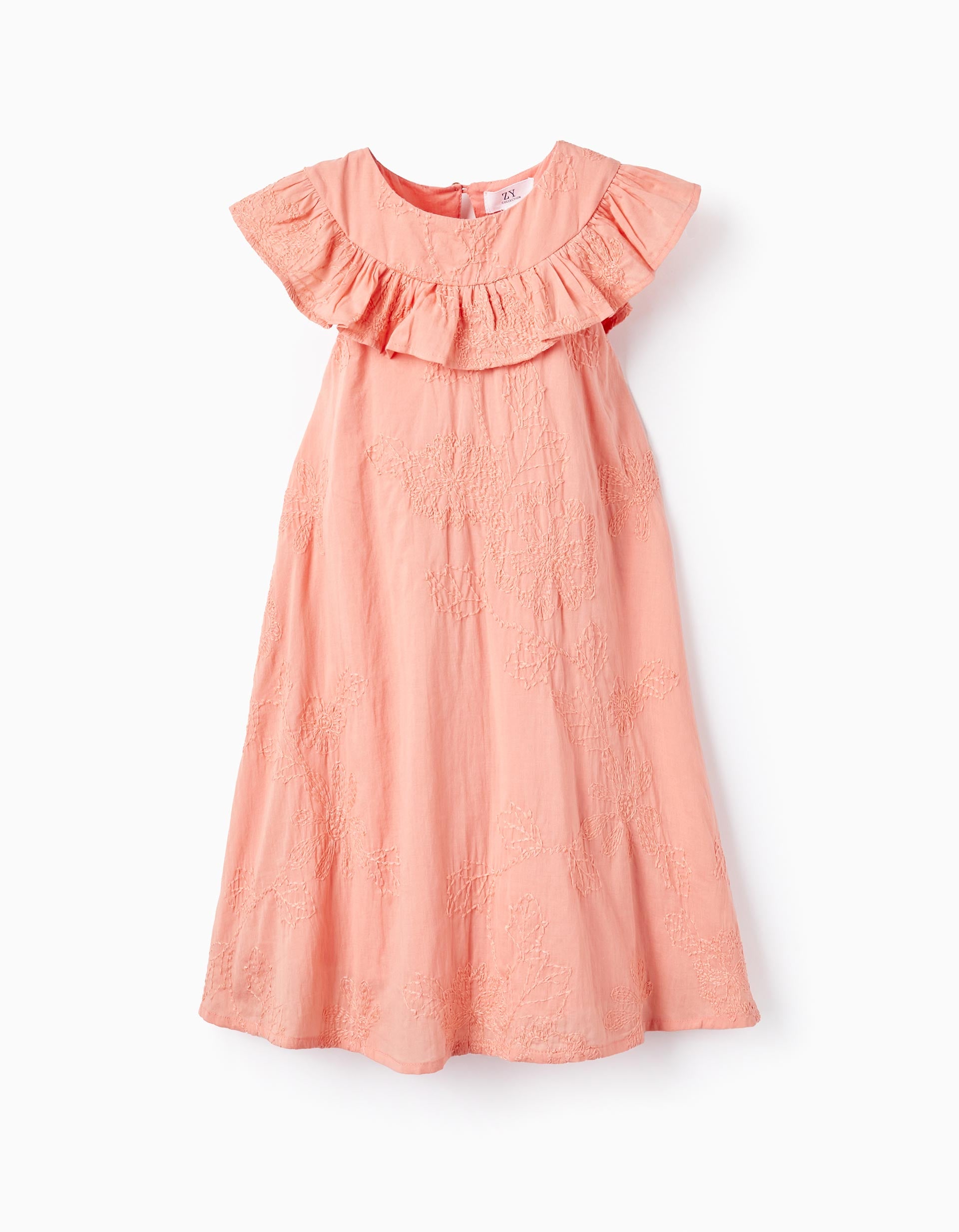 Cotton Dress with Embroidery and Ruffles for Girls, Coral