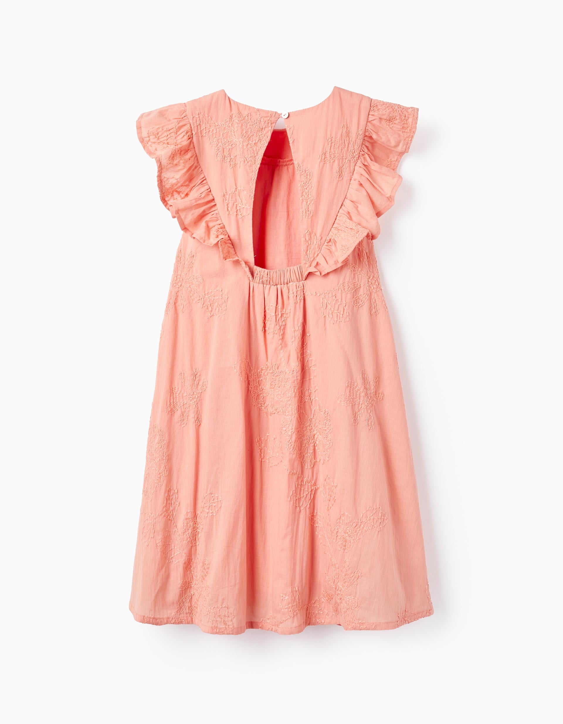 Cotton Dress with Embroidery and Ruffles for Girls, Coral