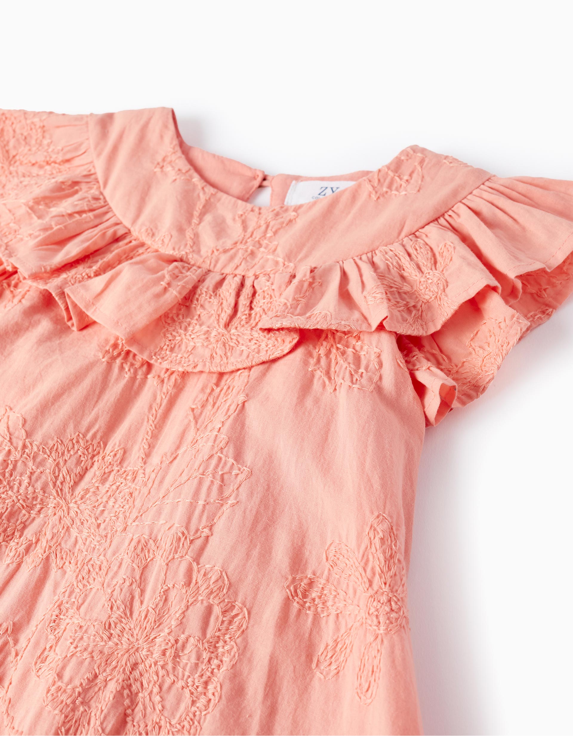 Cotton Dress with Embroidery and Ruffles for Girls, Coral