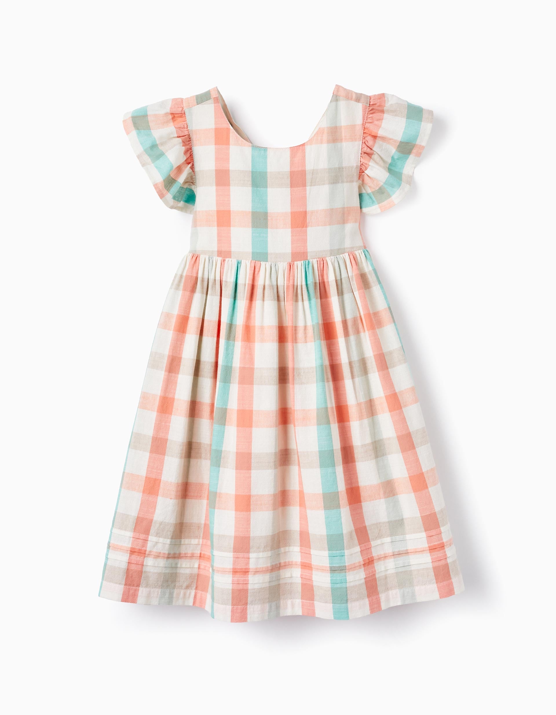 Checked dress in cotton for girls 'B&S', Aqua Green/Coral