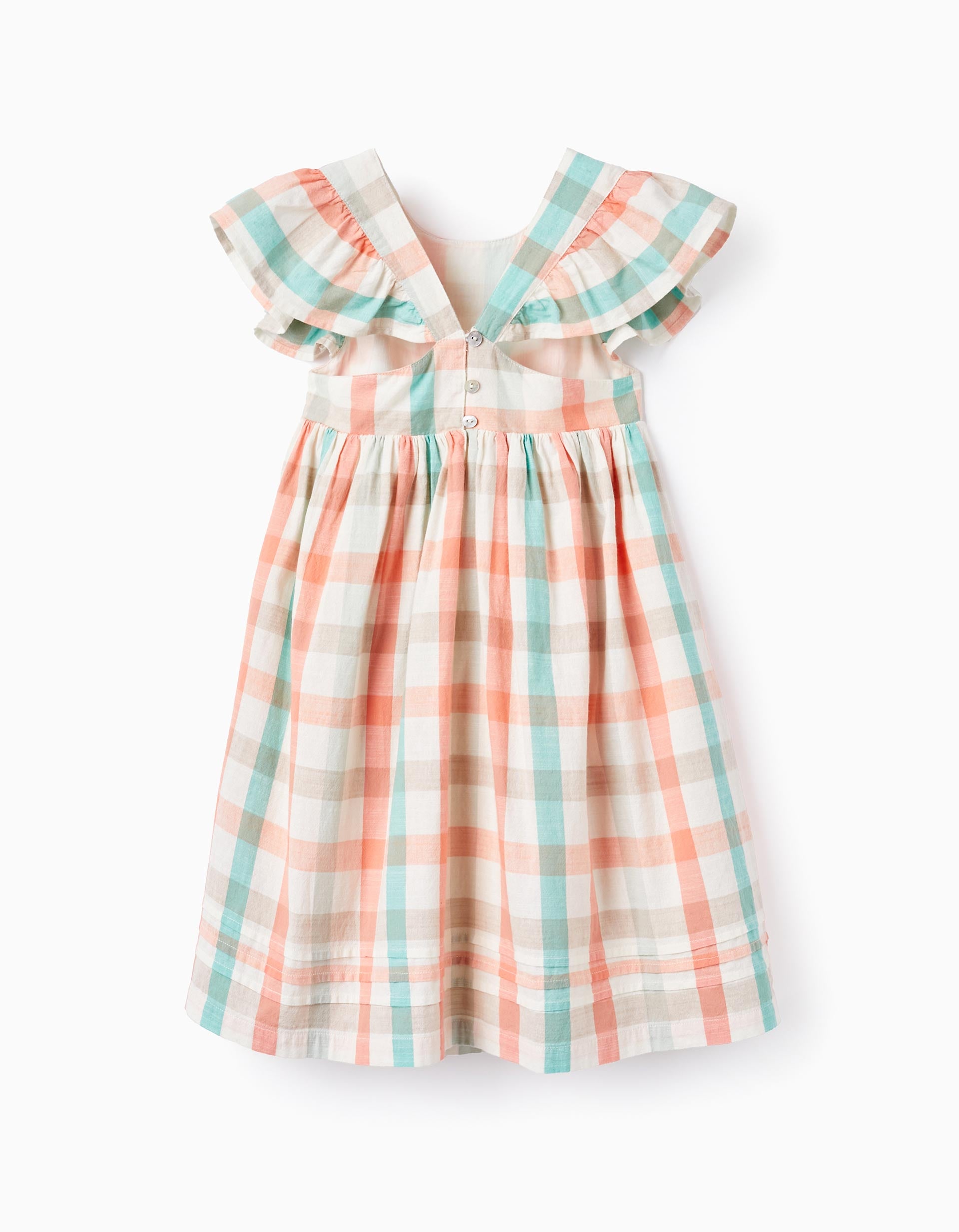 Checked dress in cotton for girls 'B&S', Aqua Green/Coral