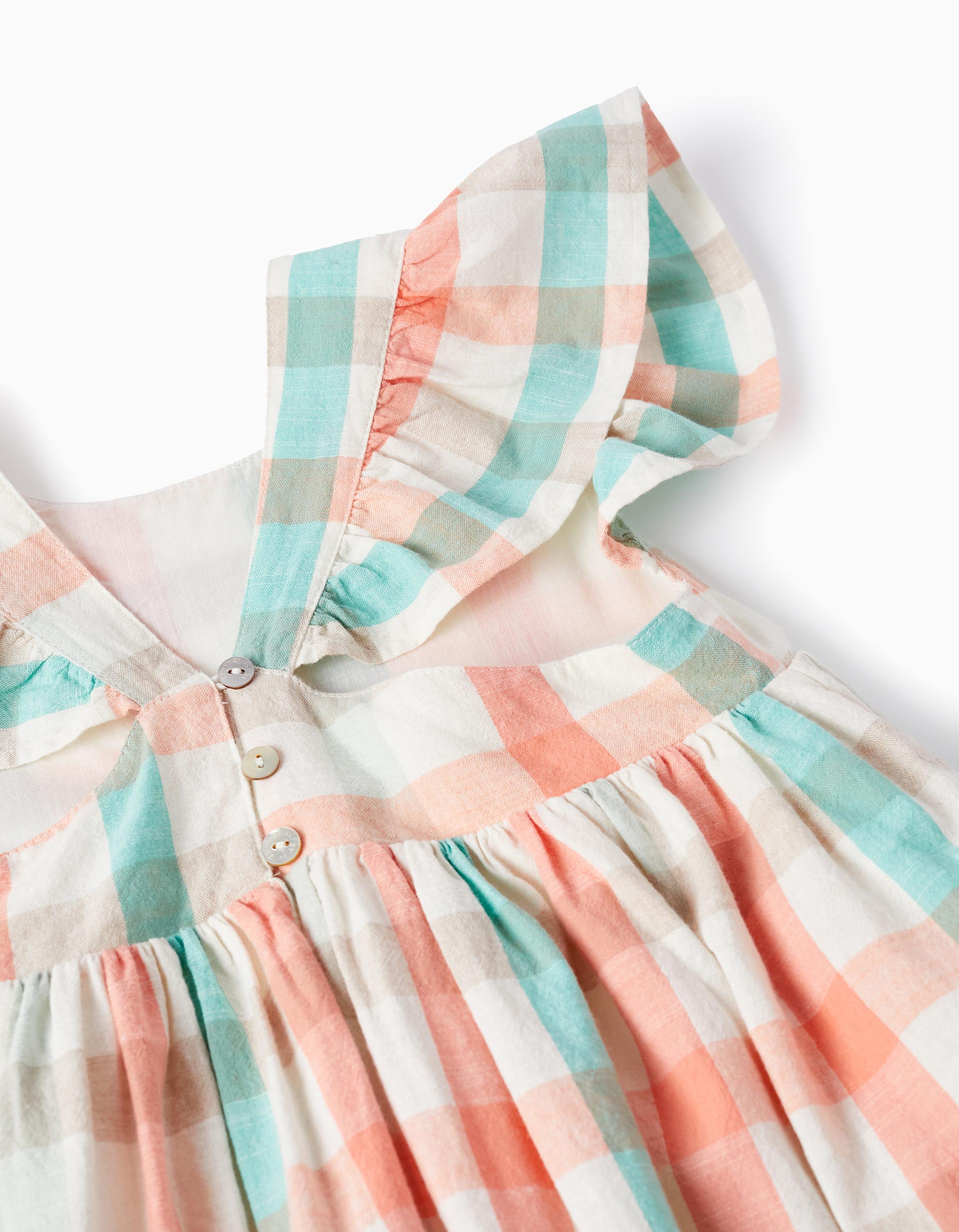 Checked dress in cotton for girls 'B&S', Aqua Green/Coral