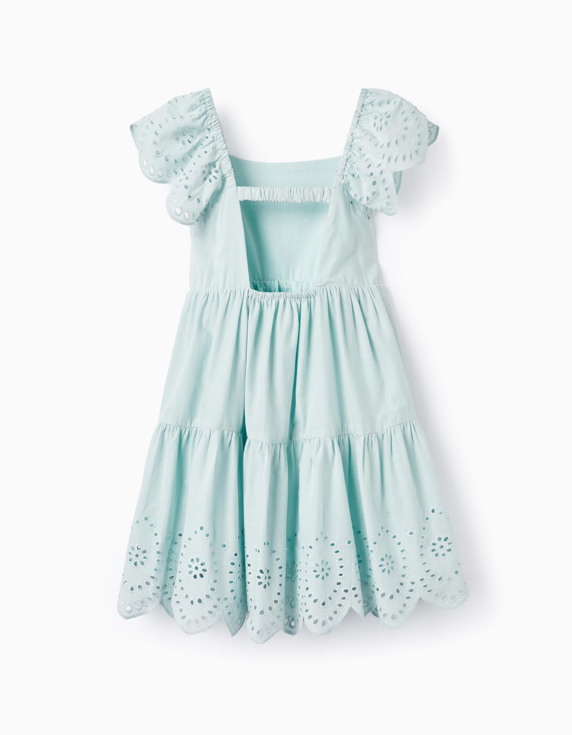 Cotton Dress with English Embroidery for Girls, Aqua Green