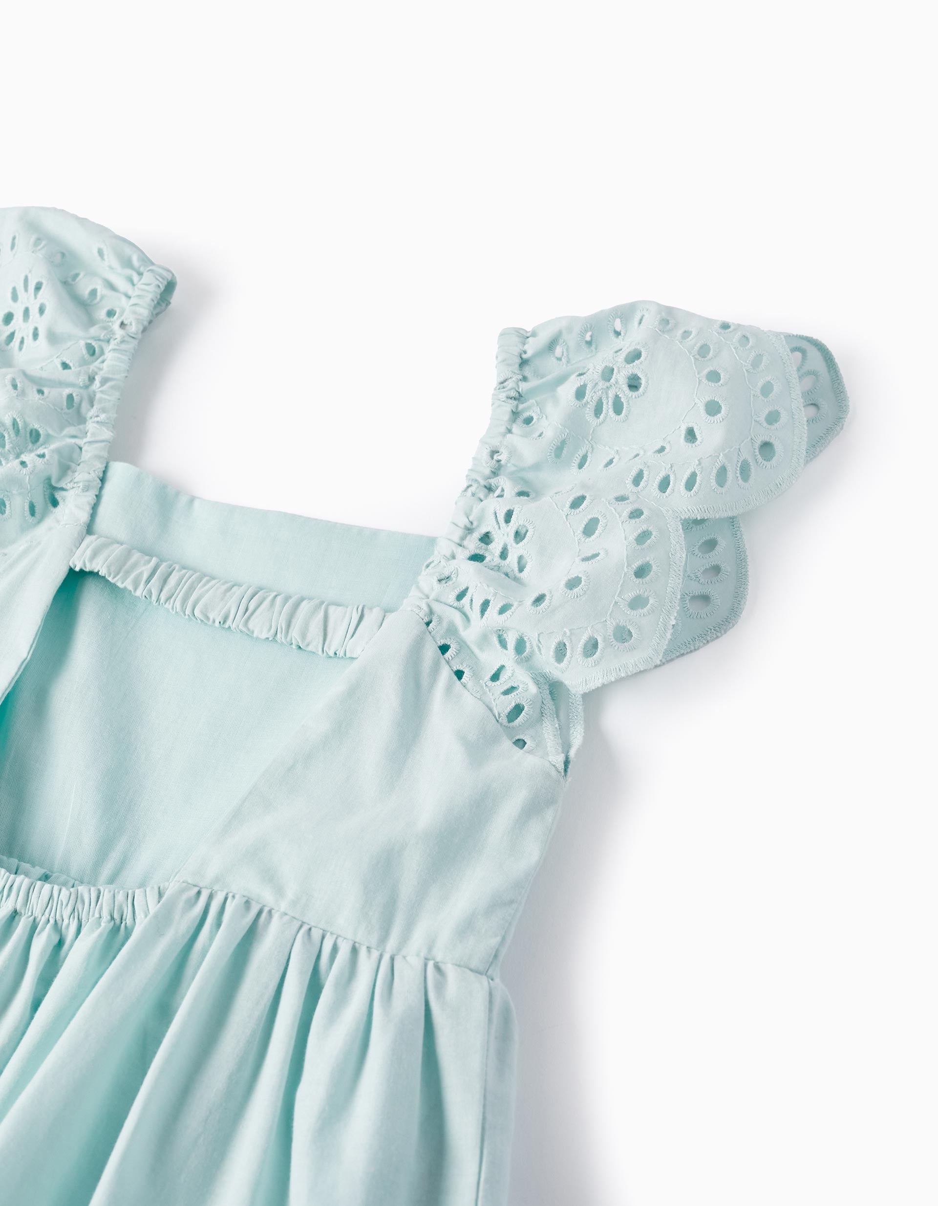 Cotton Dress with English Embroidery for Girls, Aqua Green