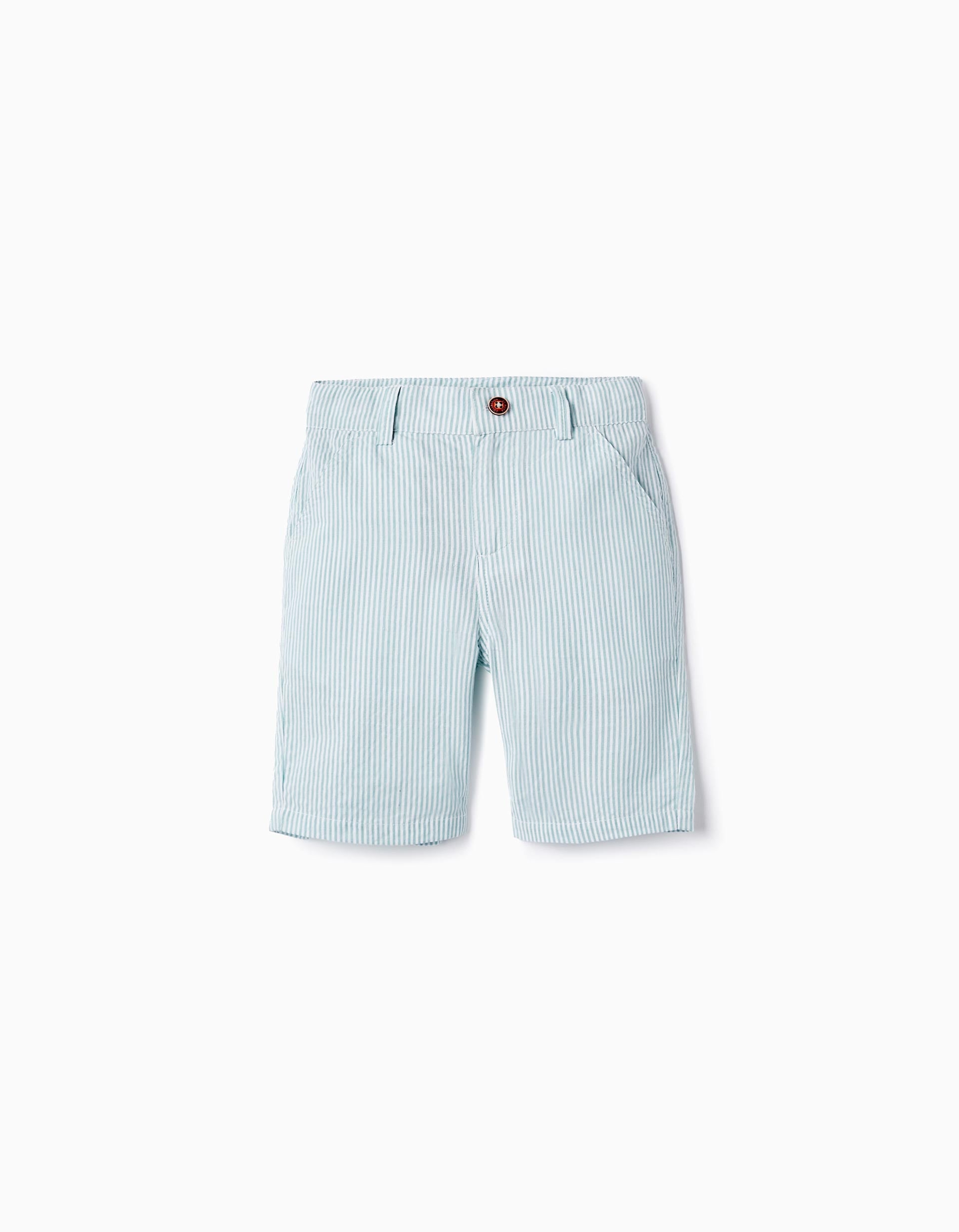 Pantalones Cortos Chino a Rayas para Niño, Blanco/Verde