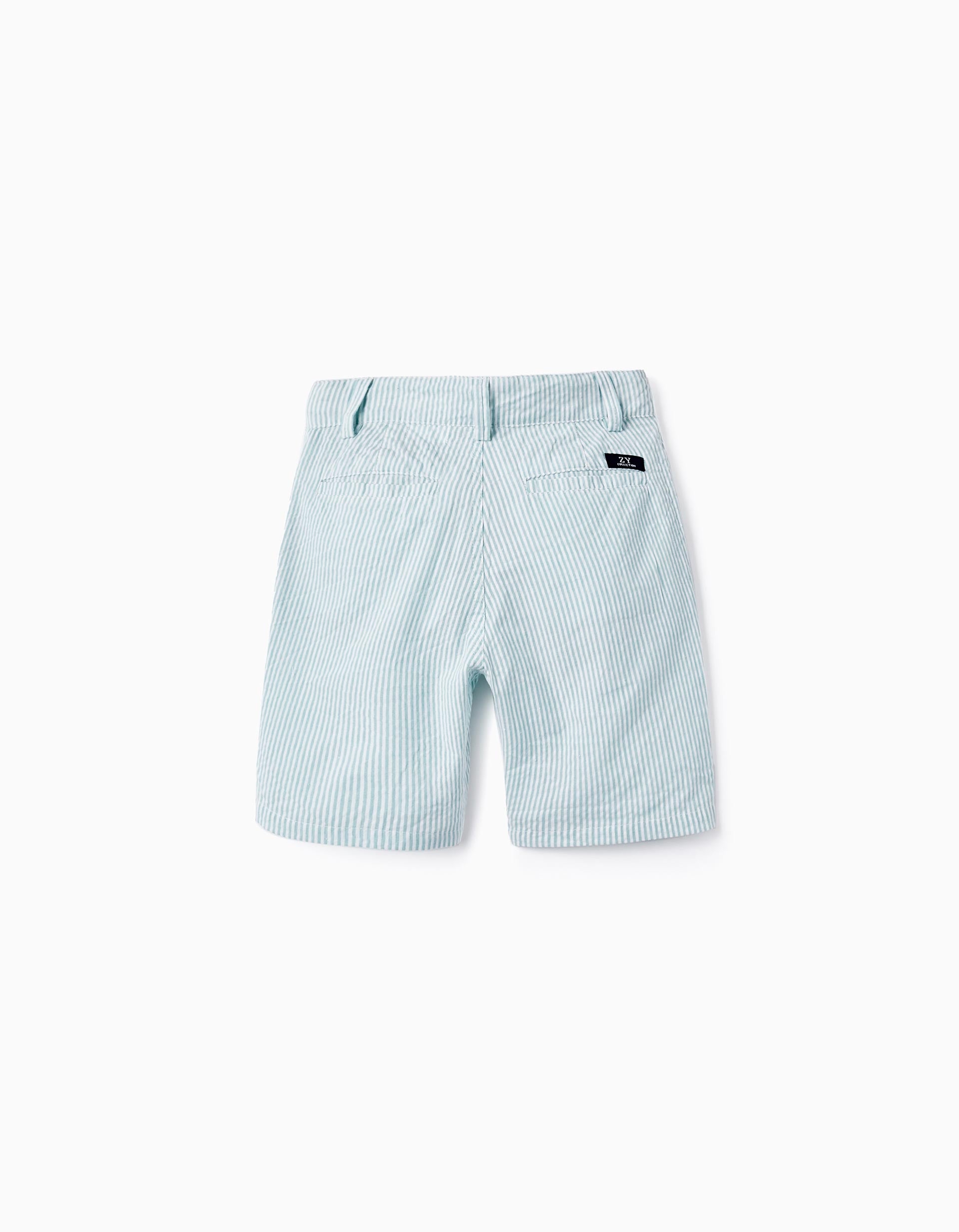 Pantalones Cortos Chino a Rayas para Niño, Blanco/Verde