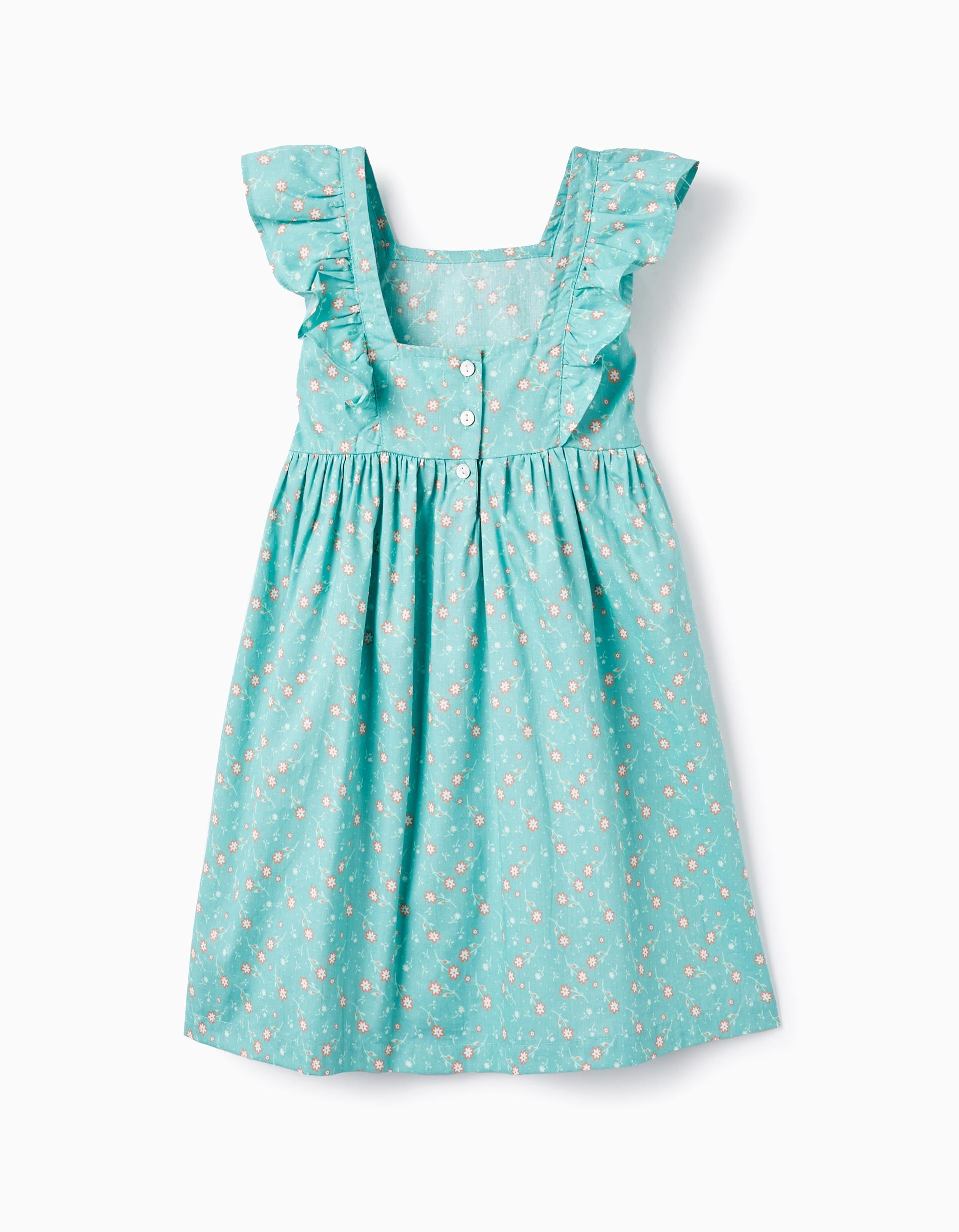 Floral Cotton Dress for Girls, Aqua Green