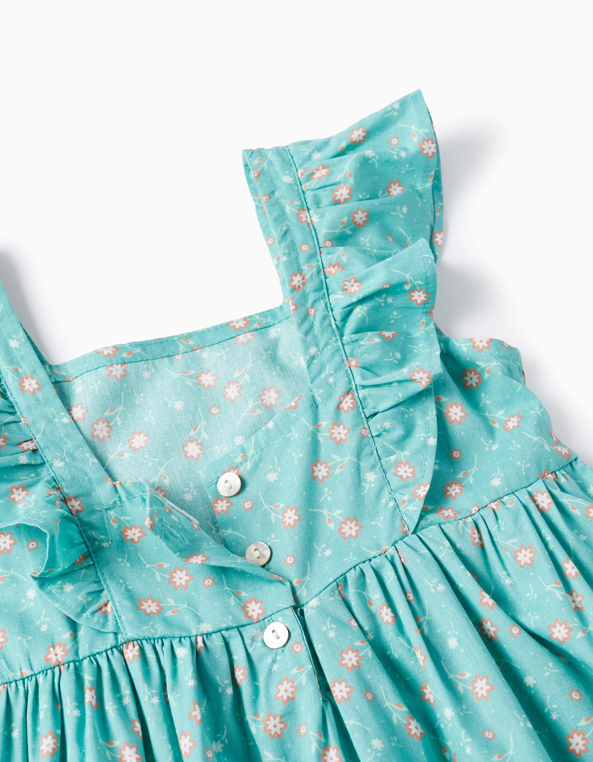 Floral Cotton Dress for Girls, Aqua Green