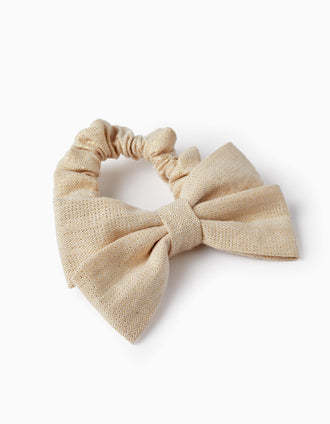Elástico Scrunchie com Laço e Fios Lurex para Bebé e Menina, Bege Claro/Dourado