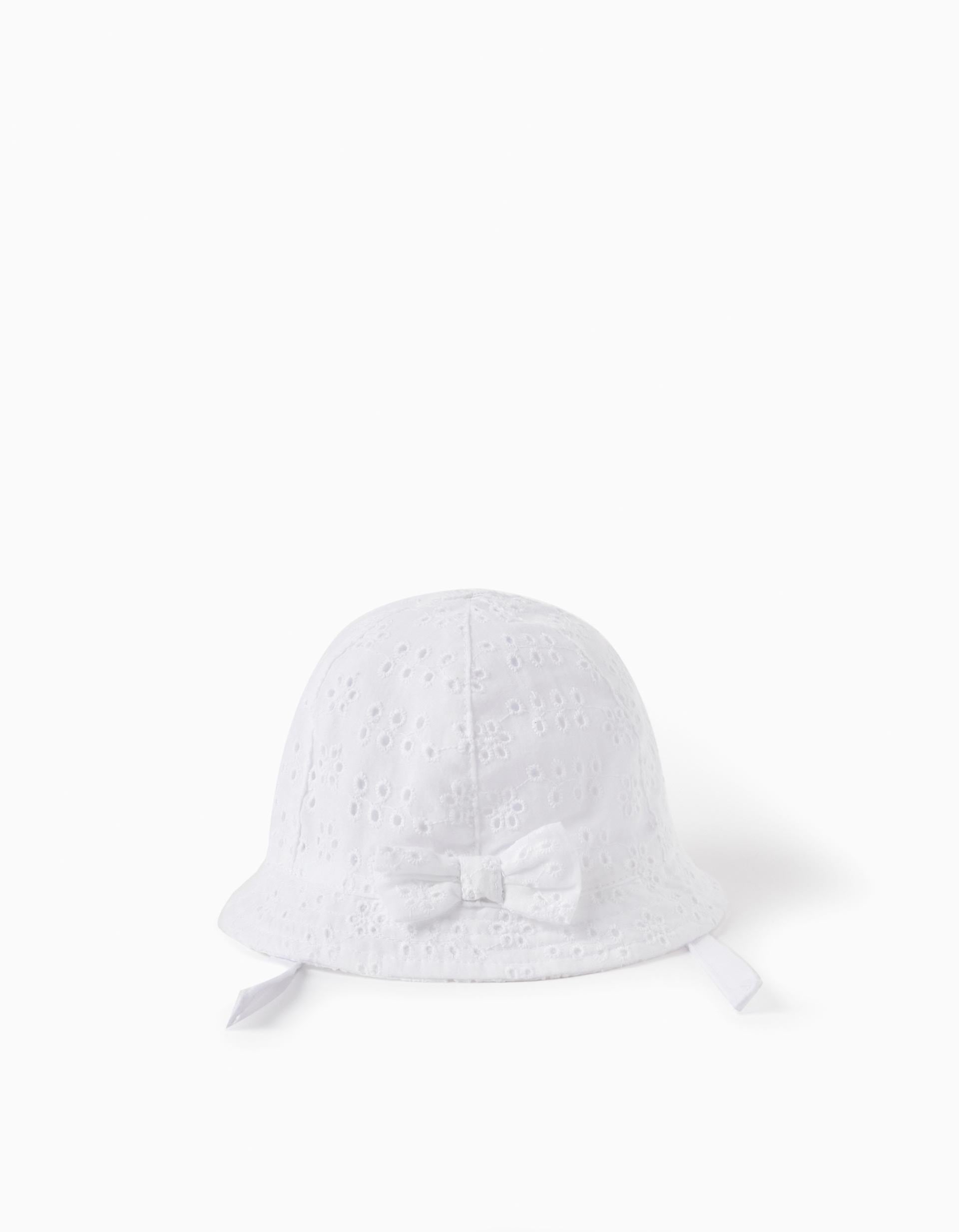 Chapeau avec Noeud et Broderie Anglaise pour Bébé et Fille, Blanc