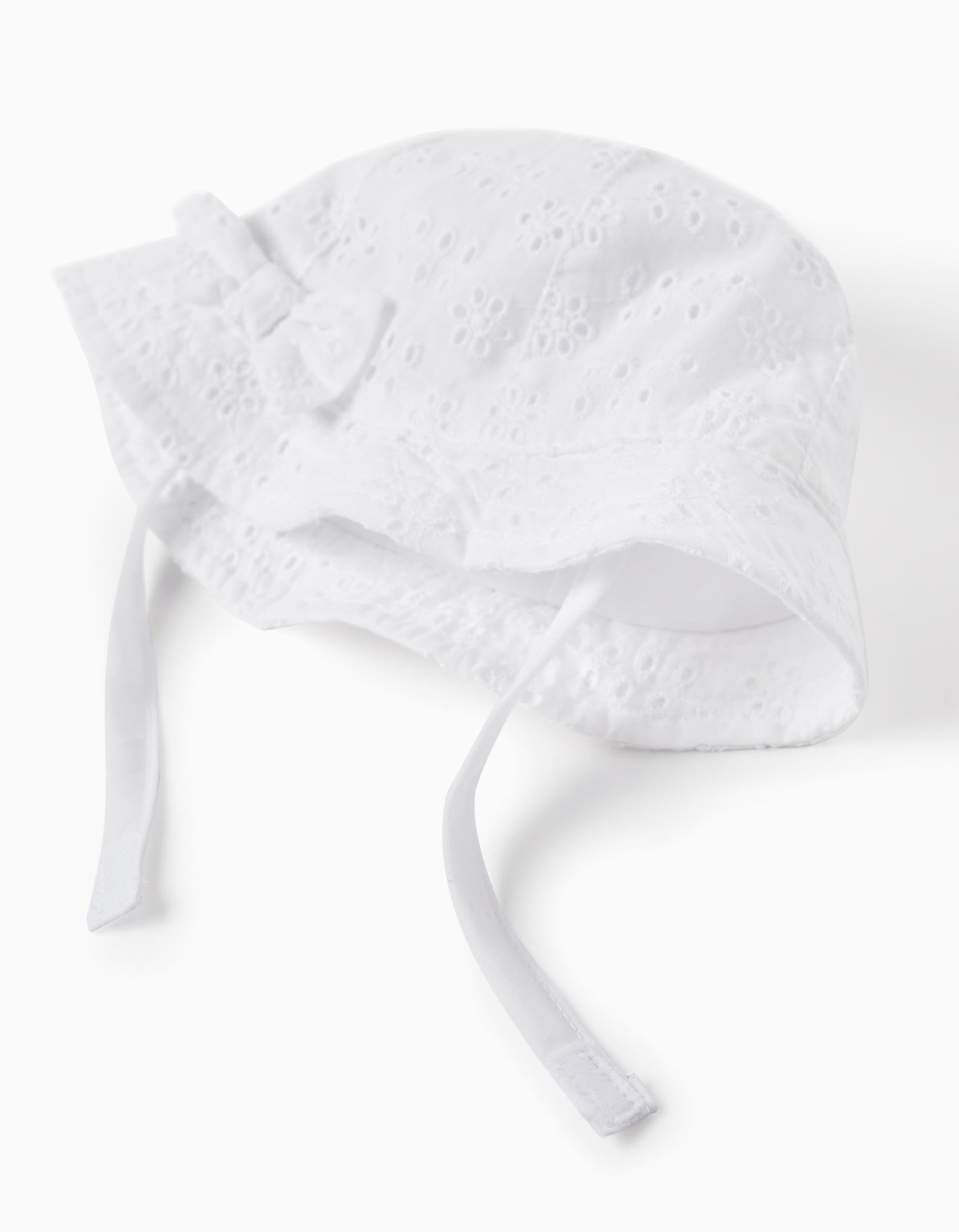 Chapeau avec Noeud et Broderie Anglaise pour Bébé et Fille, Blanc