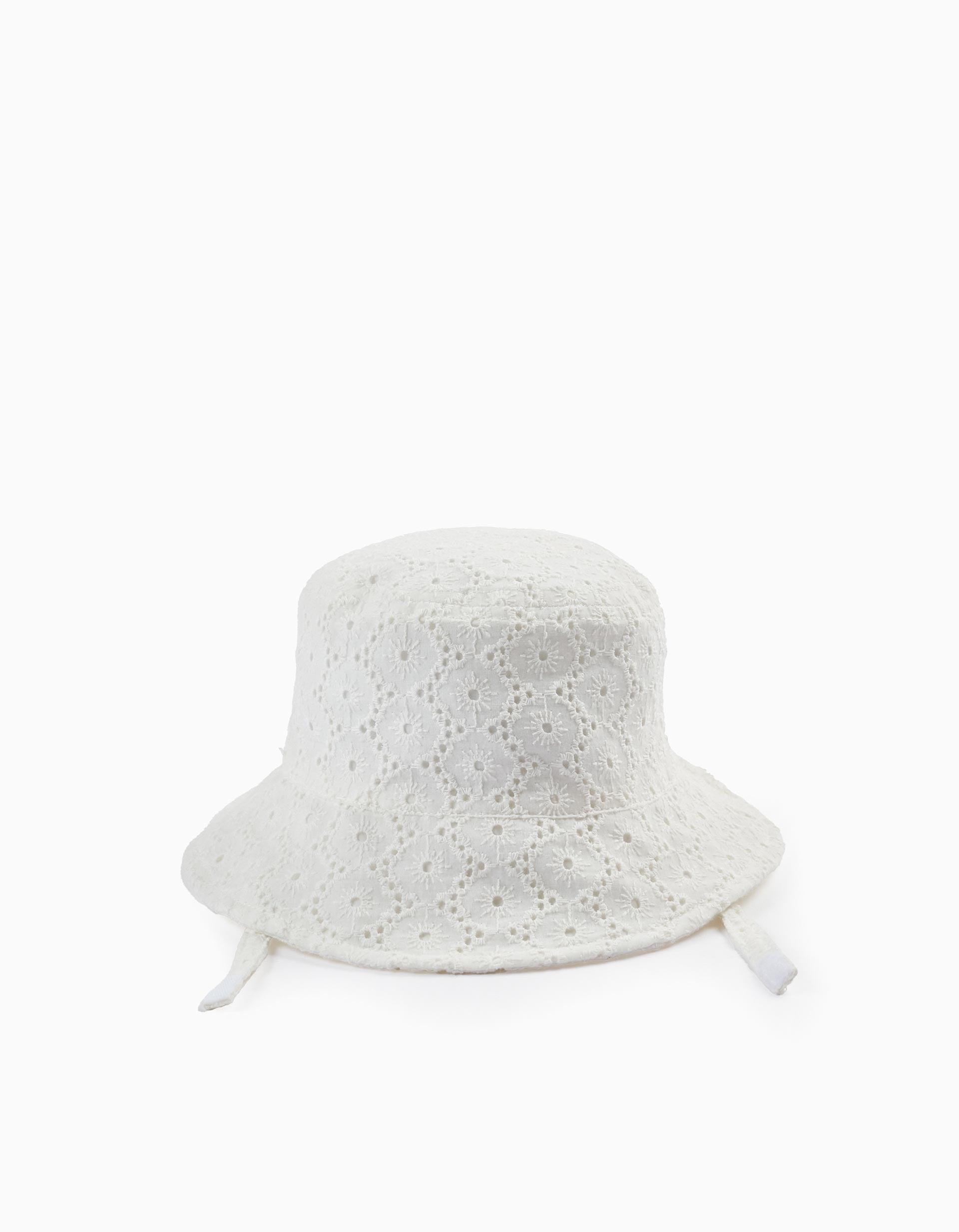 Chapeau En Coton Avec Broderie Anglaise Pour Fille, Blanc