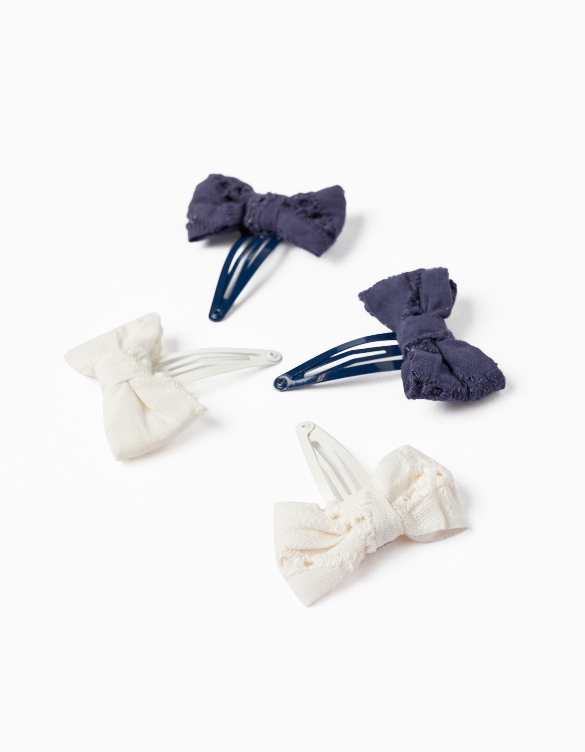 Pack 4 Pinces avec Nœuds pour Bébé et Fille, Blanc/Bleu Foncé