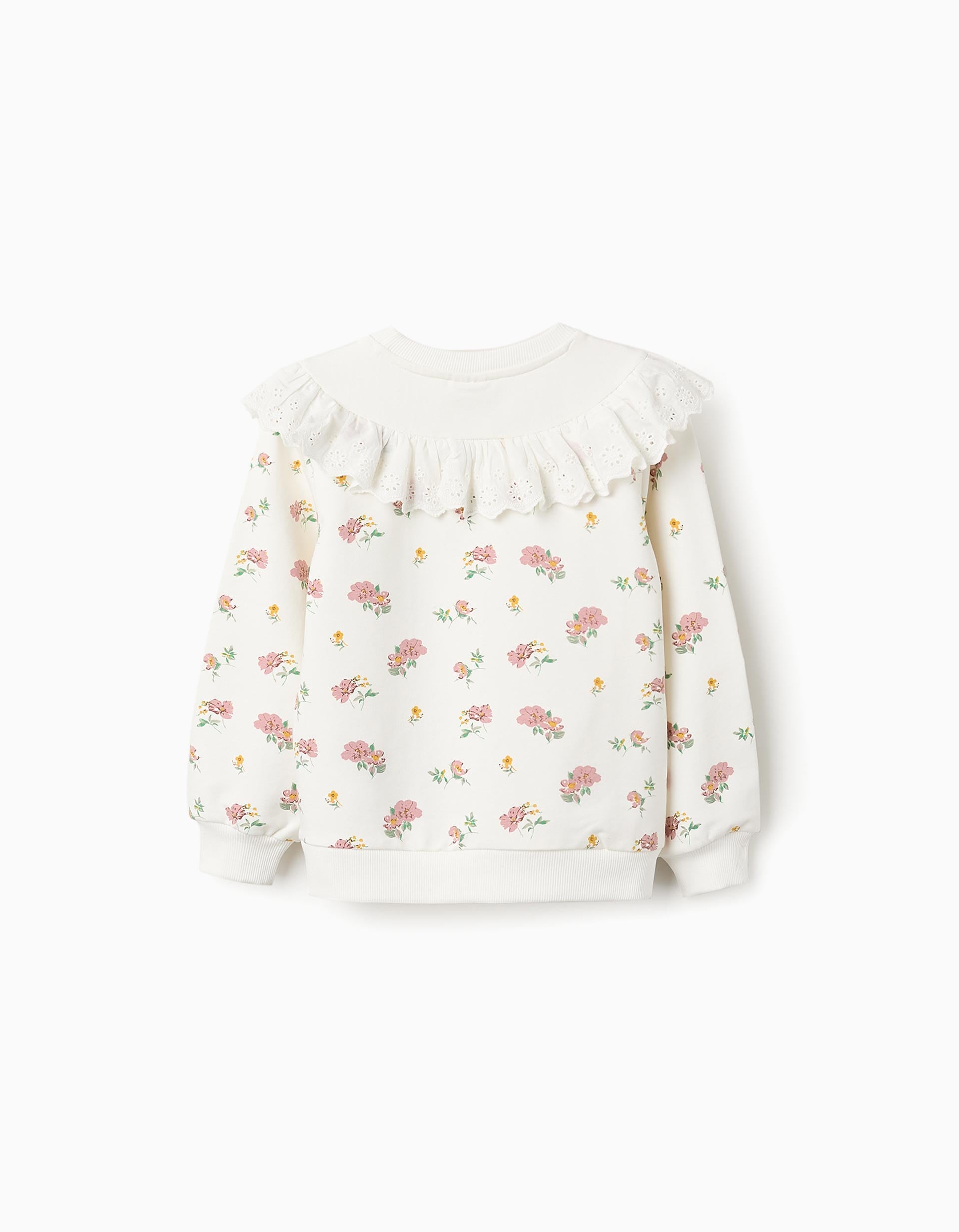 Floral Cotton Sweatshirt with Ruffles for Girls, White