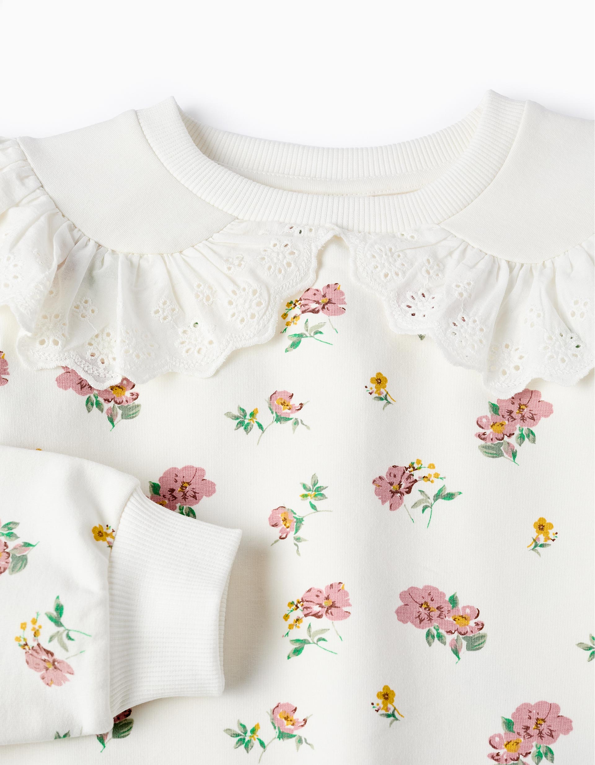 Sweatshirt Floral de Algodão com Folhos para Menina, Branco