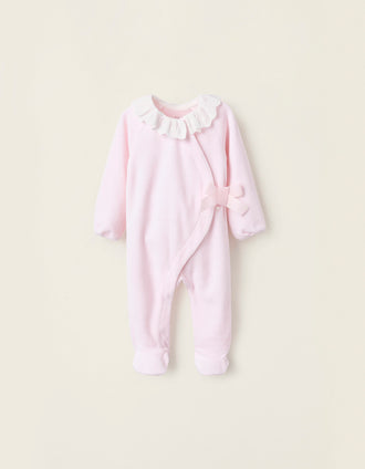 Pelele de Terciopelo con Lazada y Bordado Inglés para Recién Nacida, Rosa