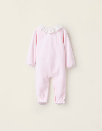 Pelele de Terciopelo con Lazada y Bordado Inglés para Recién Nacida, Rosa