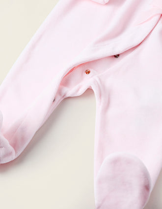 Pelele de Terciopelo con Lazada y Bordado Inglés para Recién Nacida, Rosa