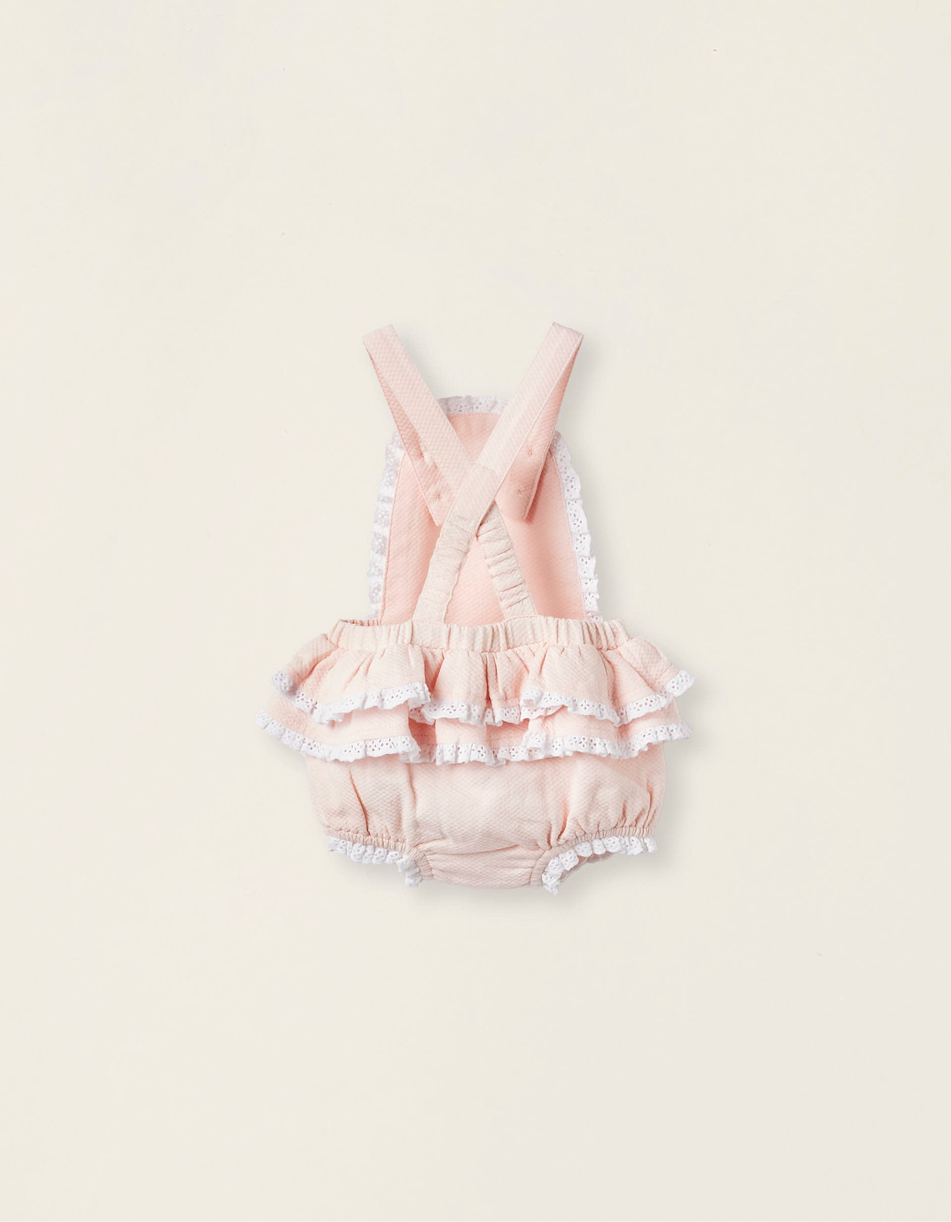 Jumpsuit in Piqué Cotton with Lace for Newborn Girls, Light Pink