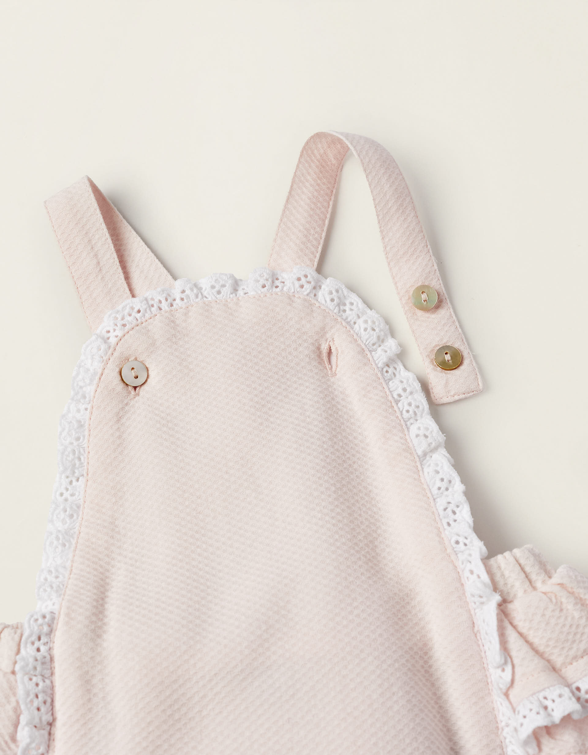 Jumpsuit in Piqué Cotton with Lace for Newborn Girls, Light Pink