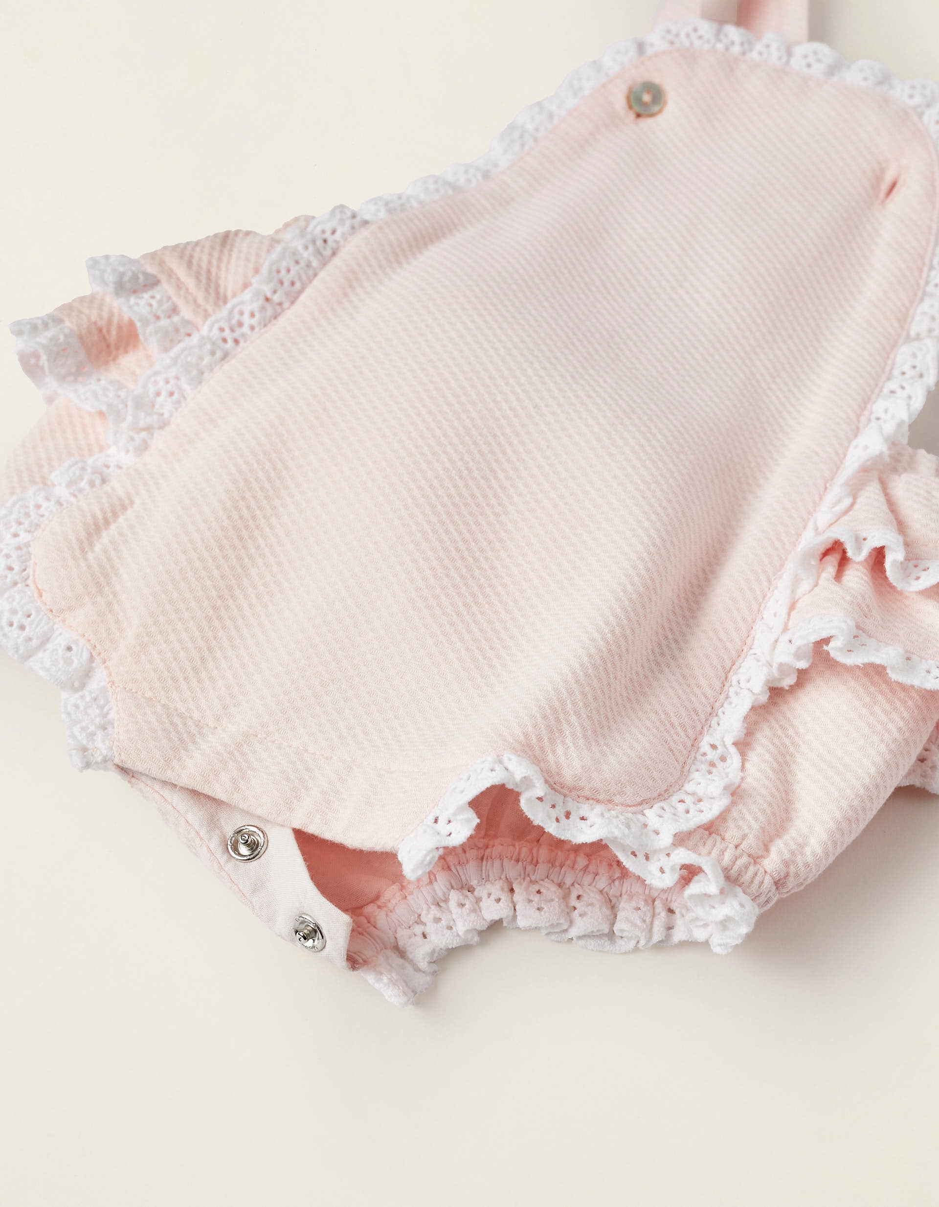 Jumpsuit in Piqué Cotton with Lace for Newborn Girls, Light Pink