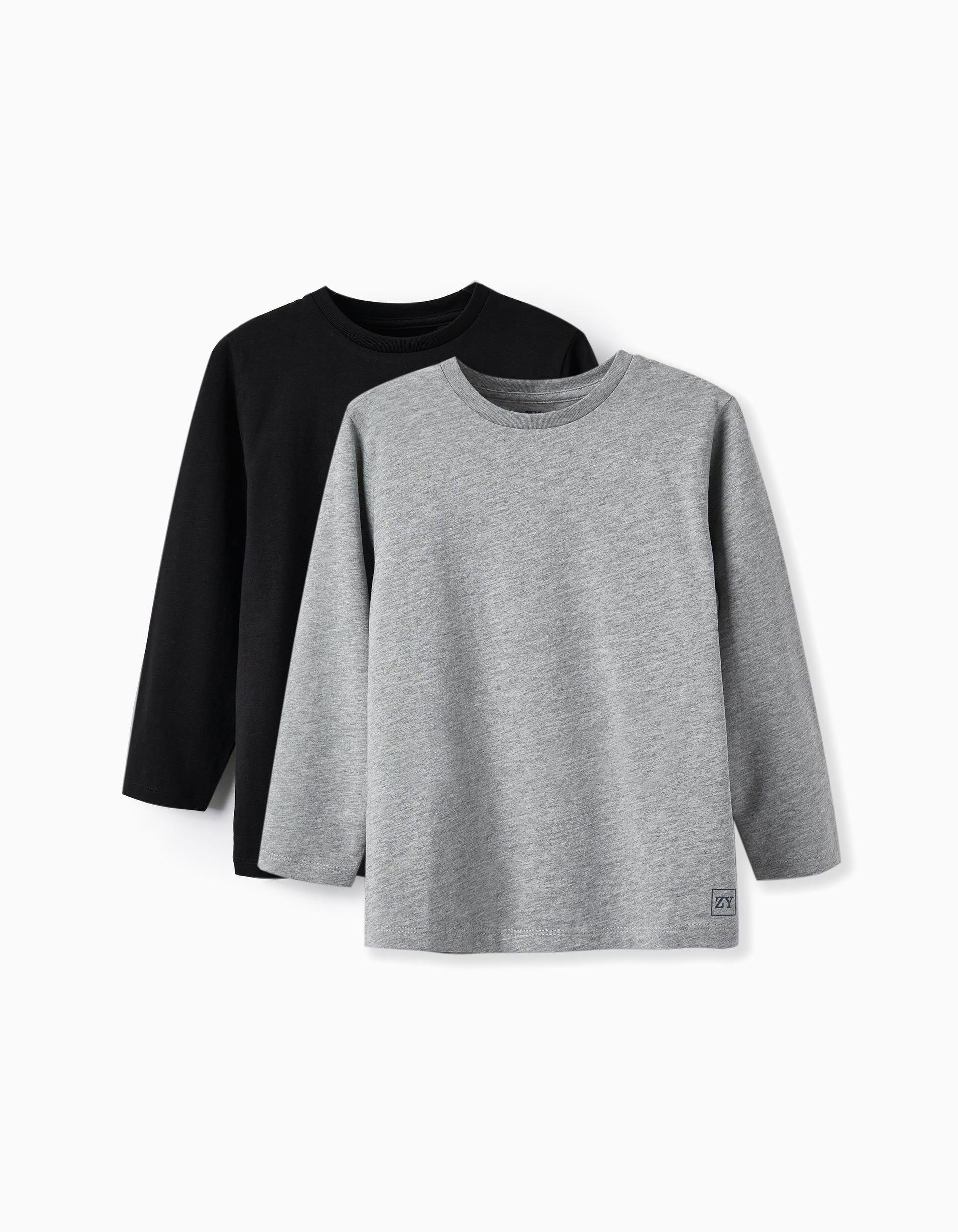 Pack of 2 Long Sleeve T-Shirts for Boys, Black/Grey