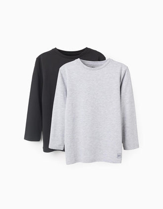 Pack de 2 Camisetas de Algodón de Manga Larga para Niño, Gris/Negro
