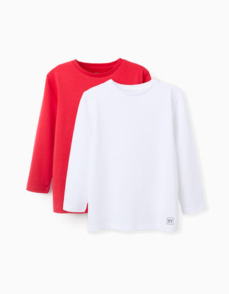 Lot de 2 T-Shirts à Manches Longues en Coton pour Garçon, Blanc/Rouge
