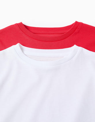 Lot de 2 T-Shirts à Manches Longues en Coton pour Garçon, Blanc/Rouge
