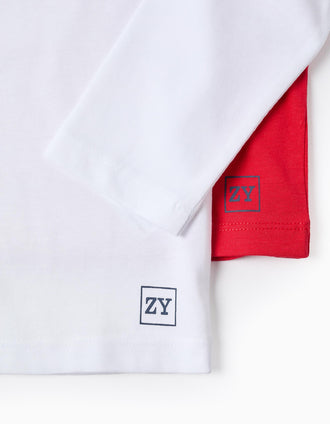 Lot de 2 T-Shirts à Manches Longues en Coton pour Garçon, Blanc/Rouge