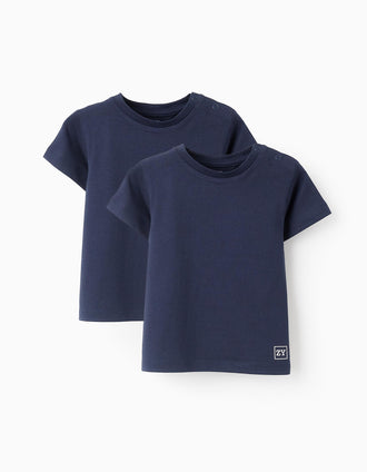 Pack 2 Camisetas Lisas en Algodón para Bebé Niño, Azul Oscuro
