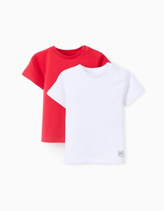 Pack 2 Camisetas Lisas en Algodón para Bebé Niño, Blanco/Rojo