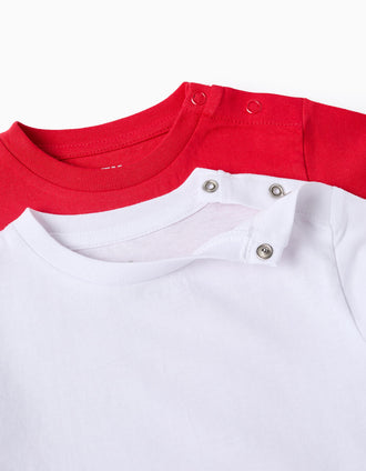 Pack 2 Camisetas Lisas en Algodón para Bebé Niño, Blanco/Rojo