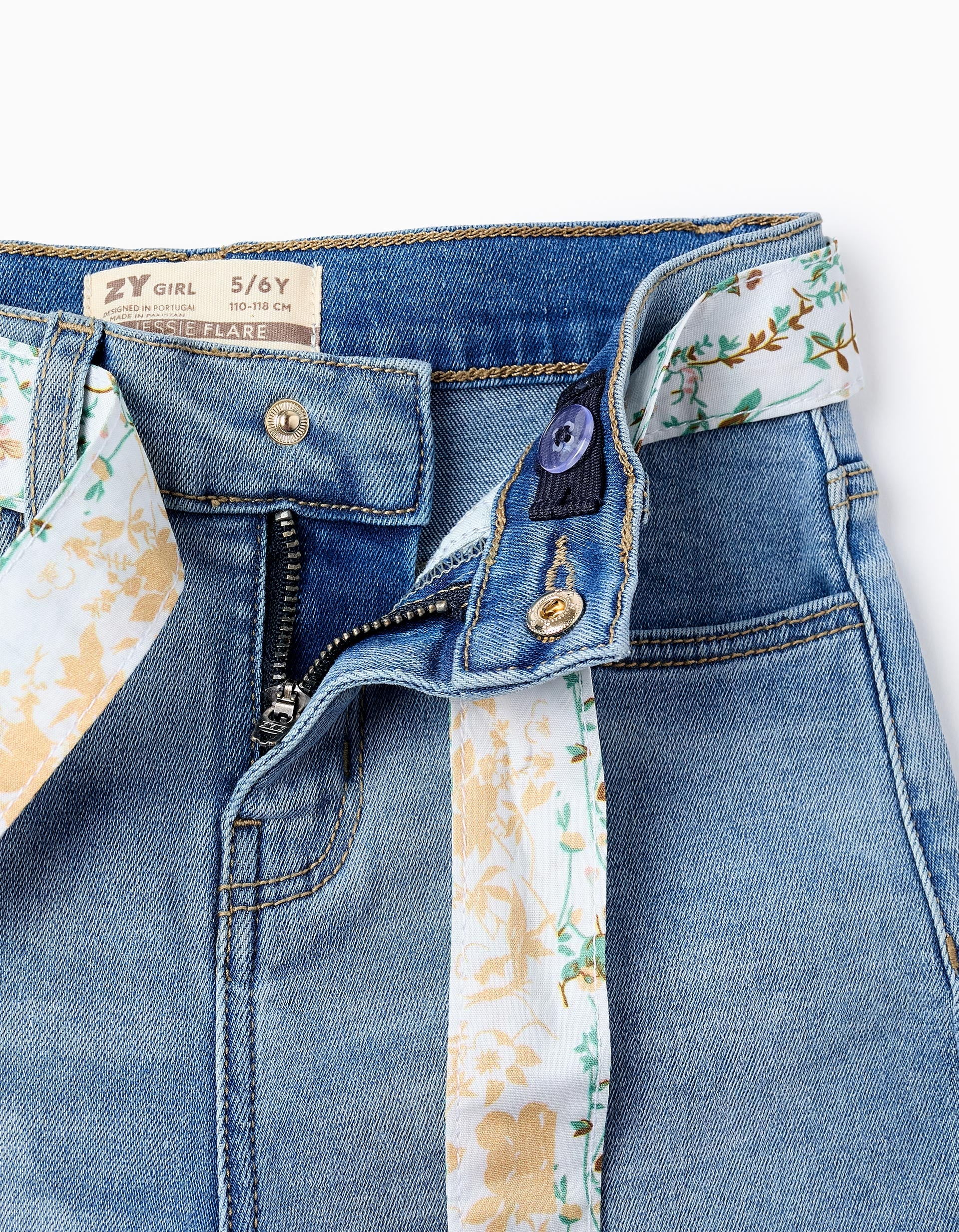 Pantalón Vaquero con Cinta Floral para Niña, Azul