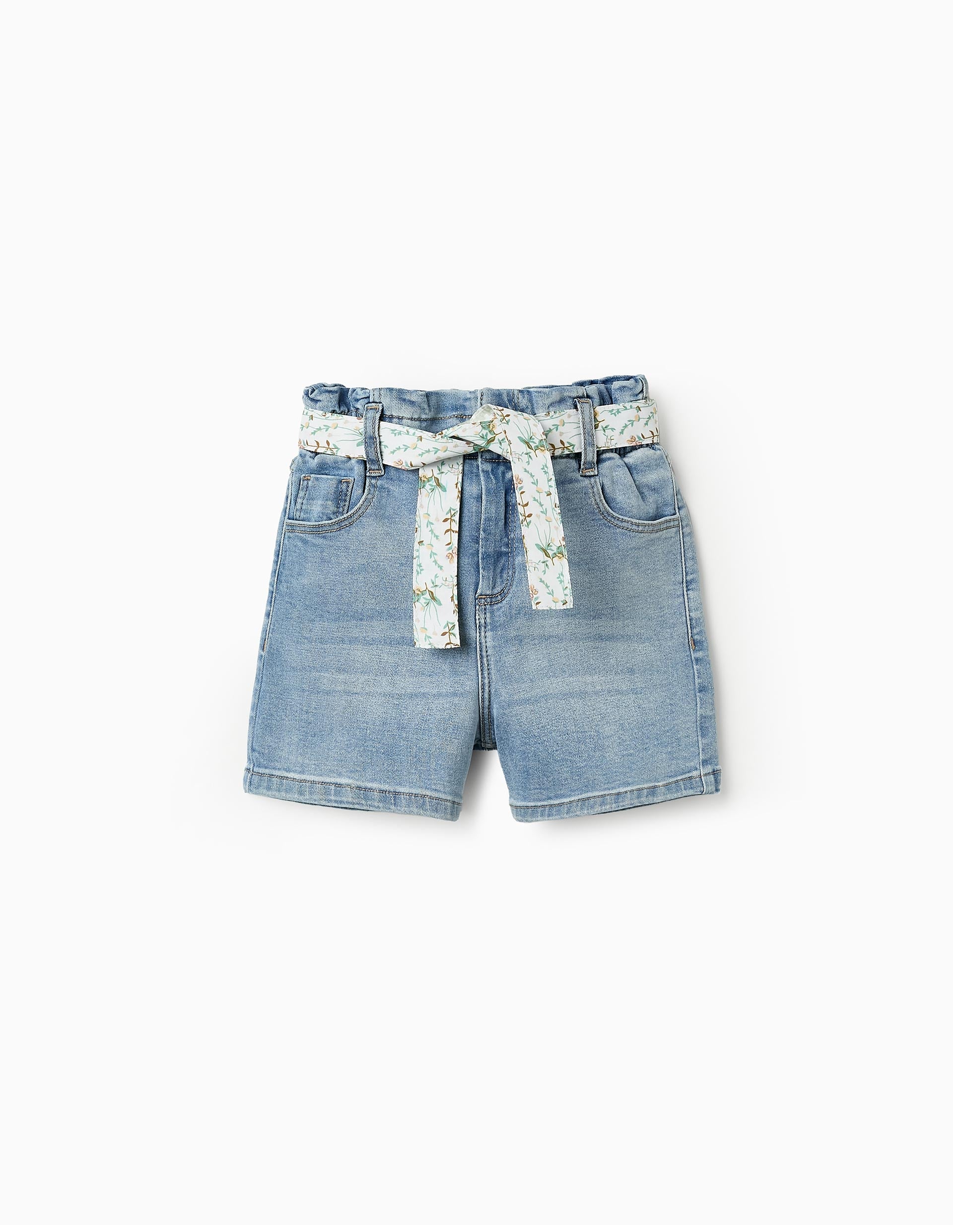 Short en Jean avec Ruban Floral pour Fille, Bleu