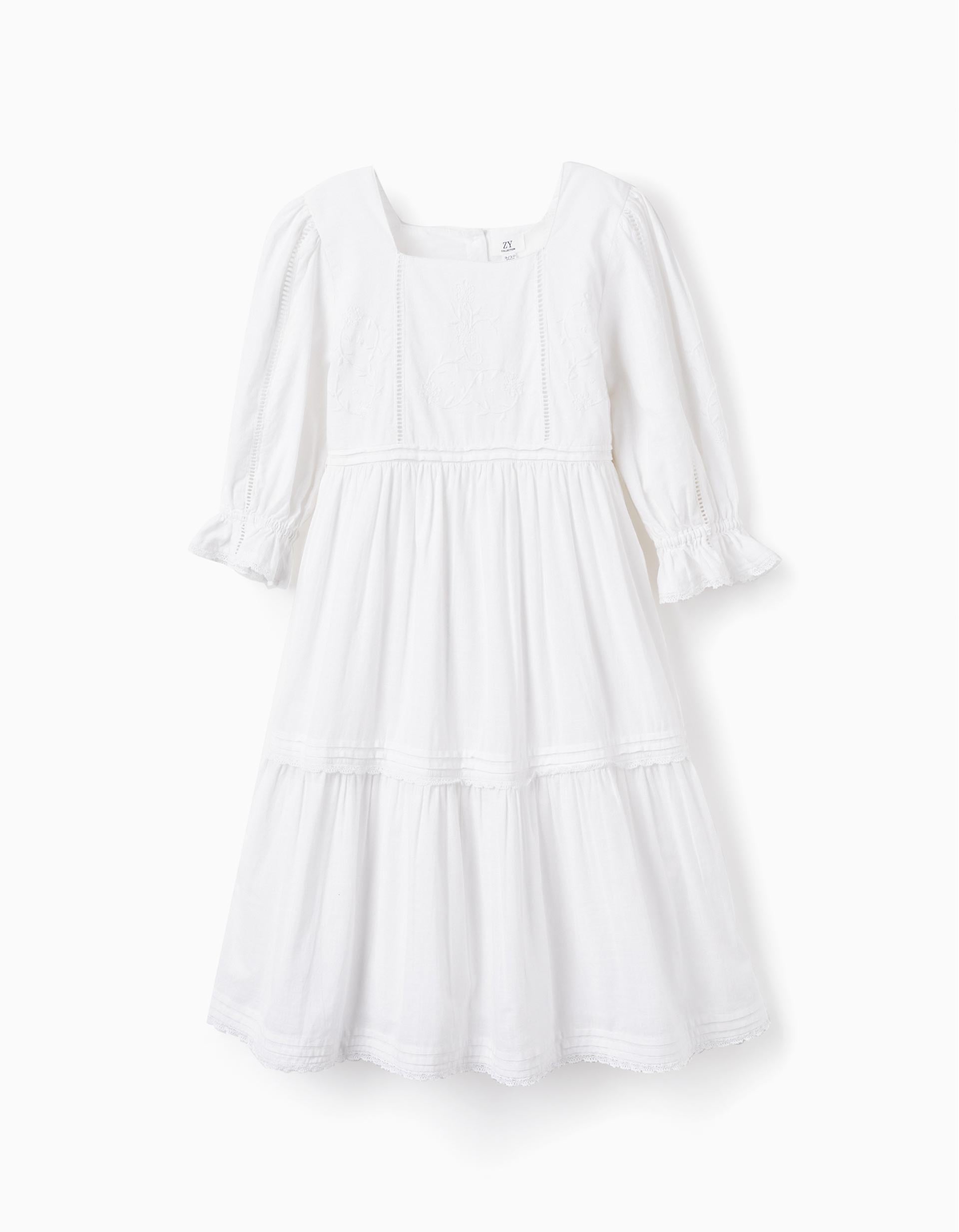 Vestido de Algodão com Bordados para Menina, Branco