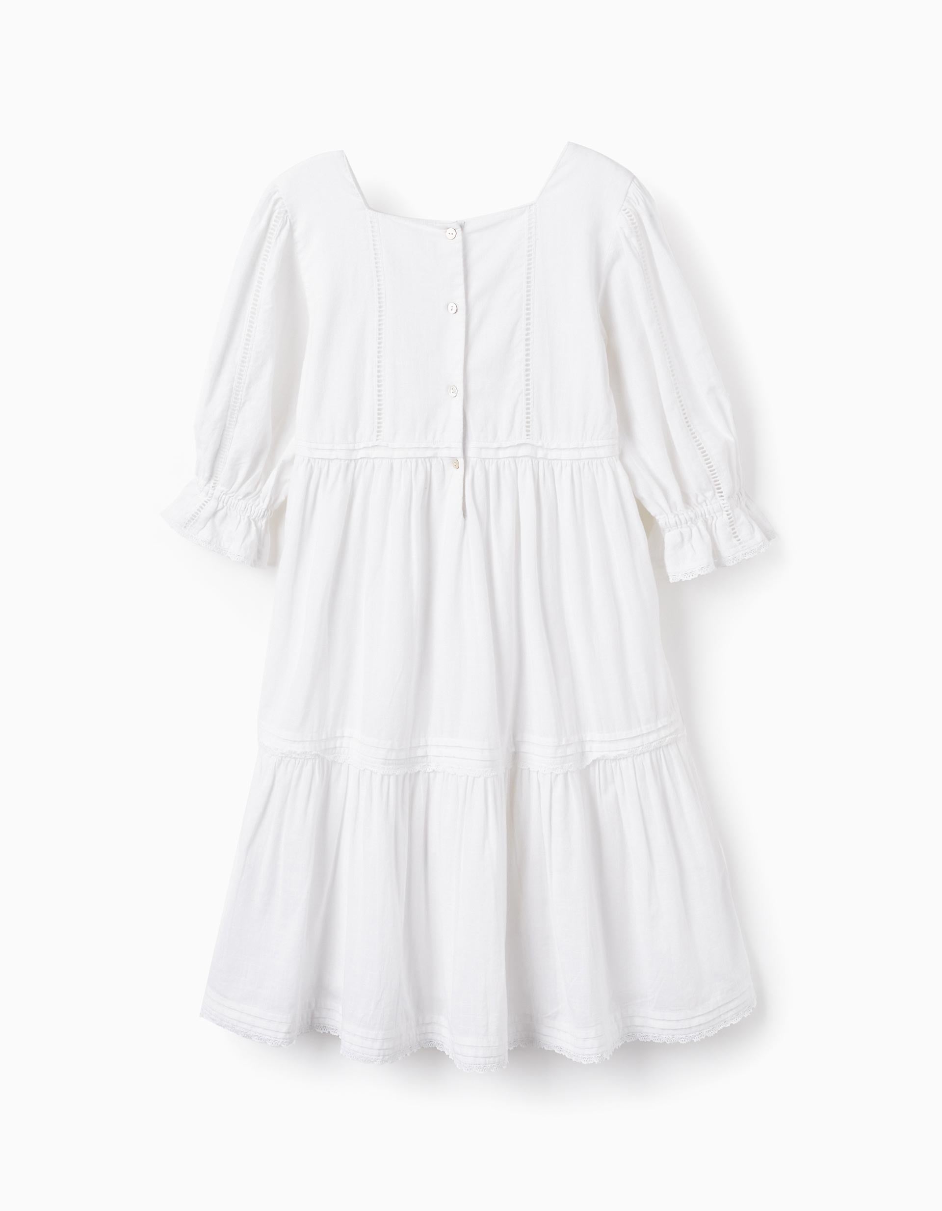 Vestido de Algodão com Bordados para Menina, Branco