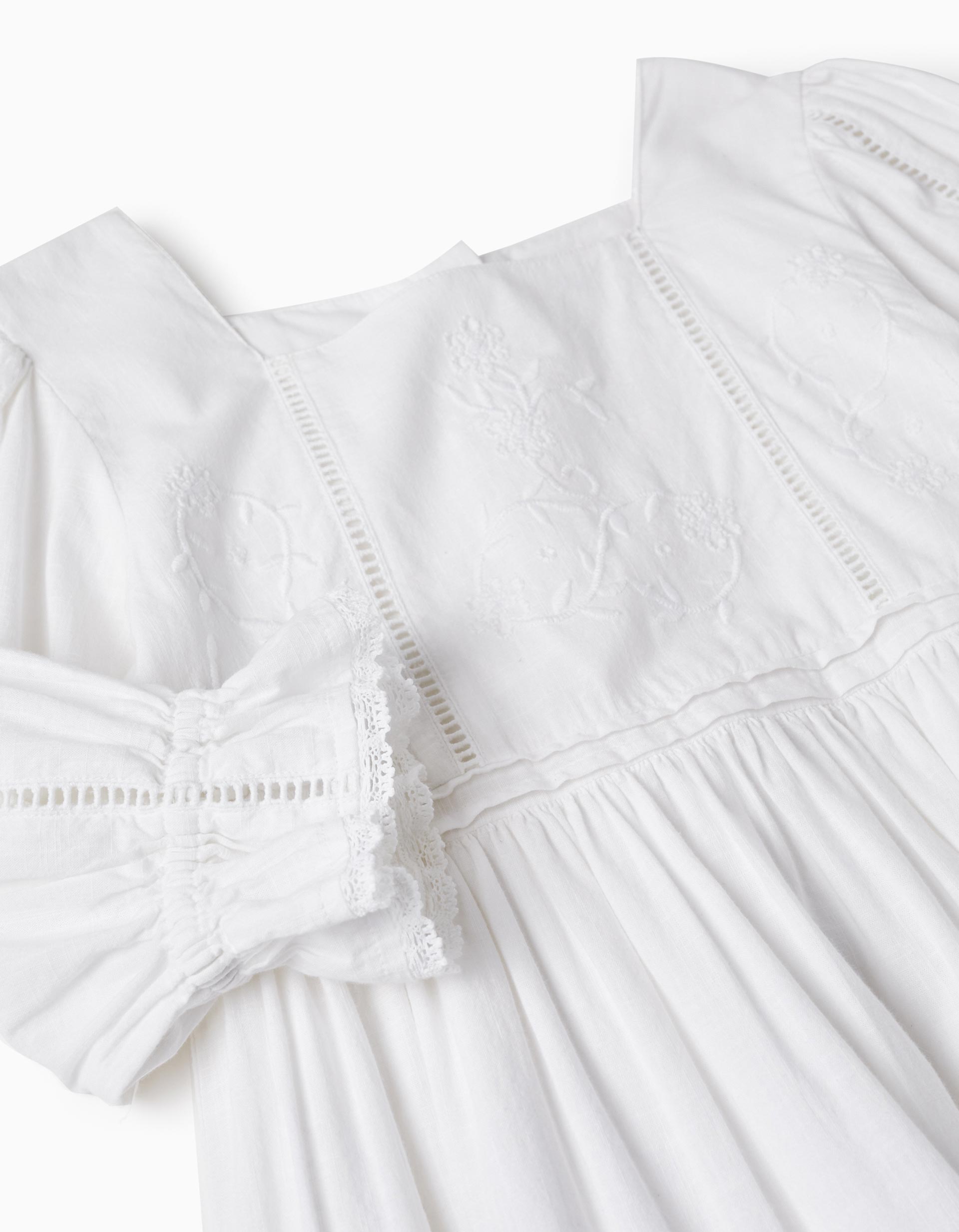 Vestido de Algodão com Bordados para Menina, Branco