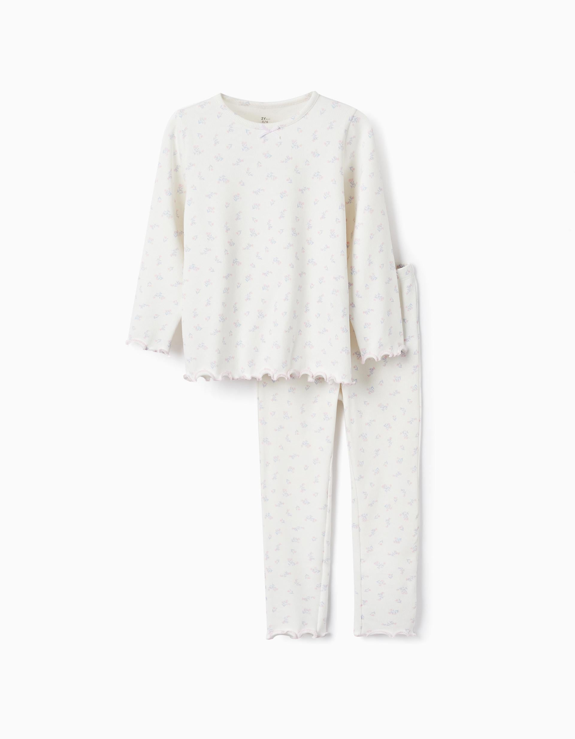 Pijama Acanalado con Estampado Floral para Niña, Blanco