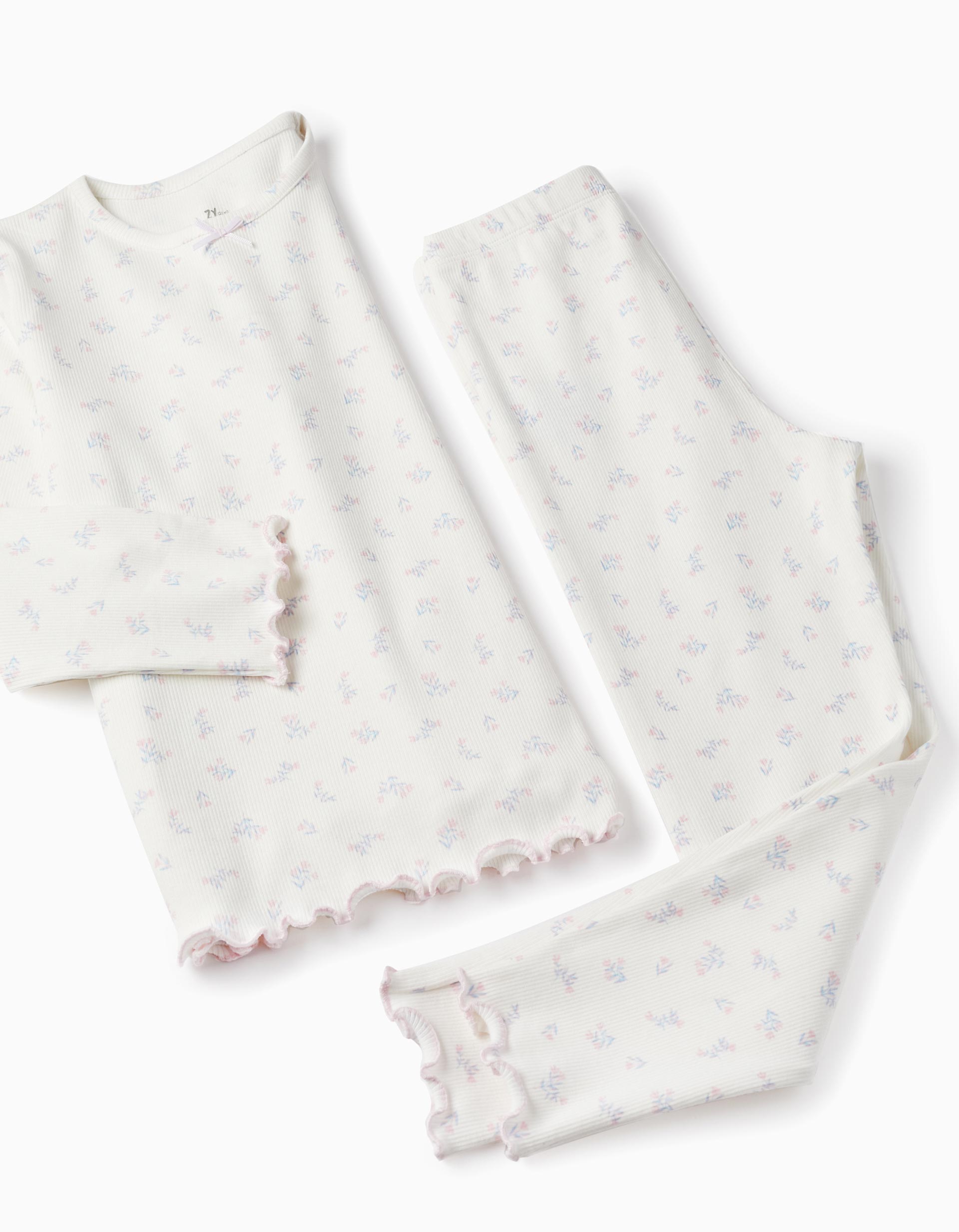 Pijama Acanalado con Estampado Floral para Niña, Blanco